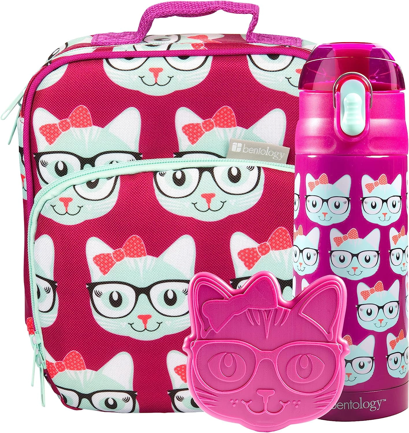 Bentology Kids Lunch Bag Set Pink Kitty- Thick Padded Handle, Insulated Tote, Reusable Hard Ice Pack & Insulated Stainless Steel Water Bottle- Keeps Lunch Fresh Longer, Back to School Lunchbox Kits
