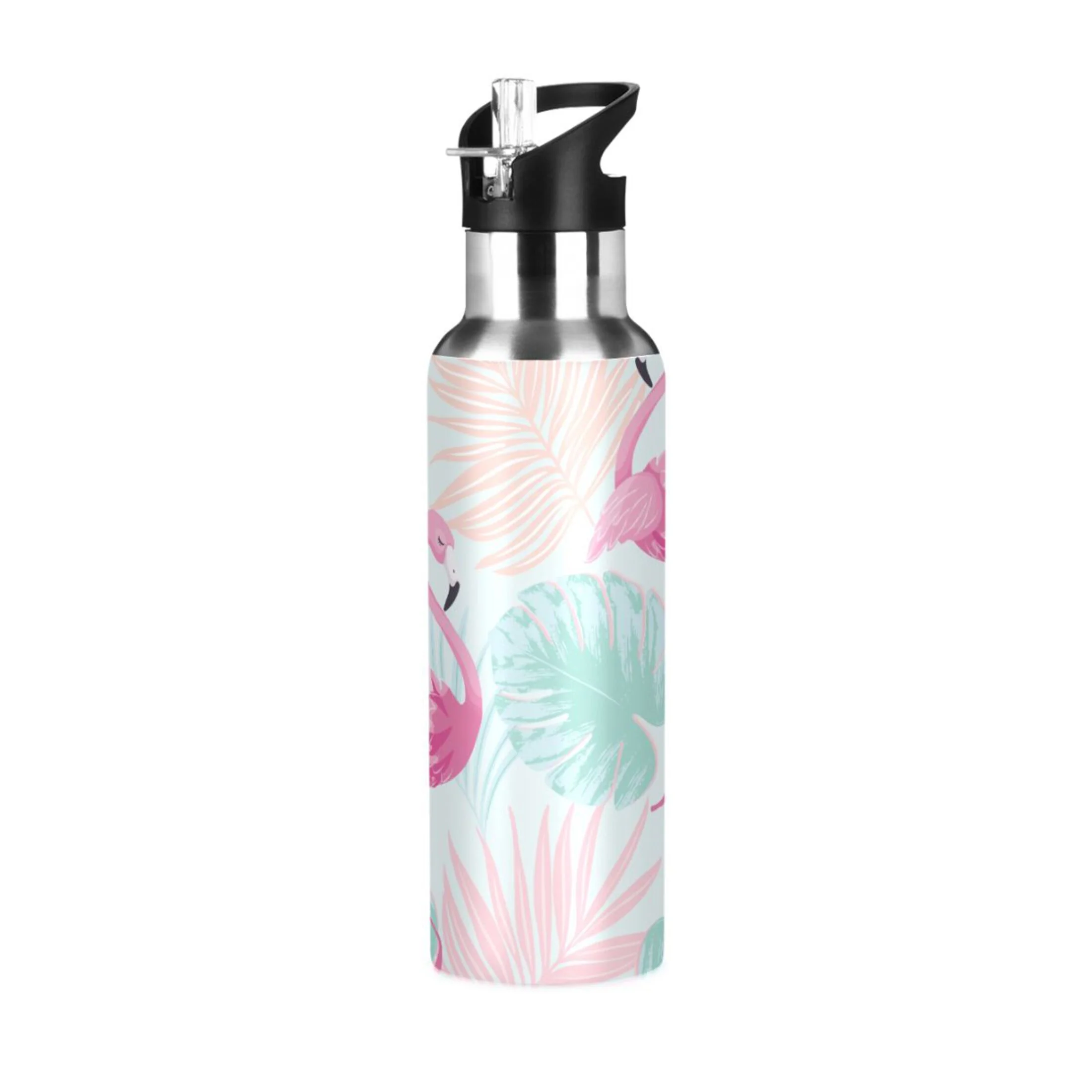 Stainless Steel Water Bottle Pink Flamingo Green Palm Leaf with Straw Lid Vacuum Insulated Leak Proof Flask Jug for Gym Travel Sports Cycling Outdoor 20 OZ