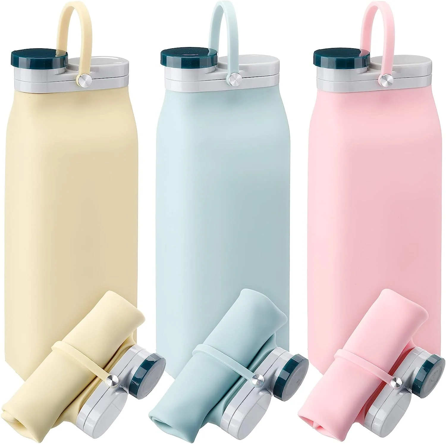 3 Pcs Collapsible Water Bottles Flat Silicone Foldable Water Bottles Portable Pouch Reusable Leak Proof Travel Water Bottle Lightweight Collapsible Water Container for Hiking Camping Running Sports