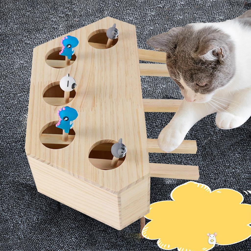 Interactive Toy Wooden Solid Game Box Puzzle Toy for Indoor Cats Mice - 5 Holes
