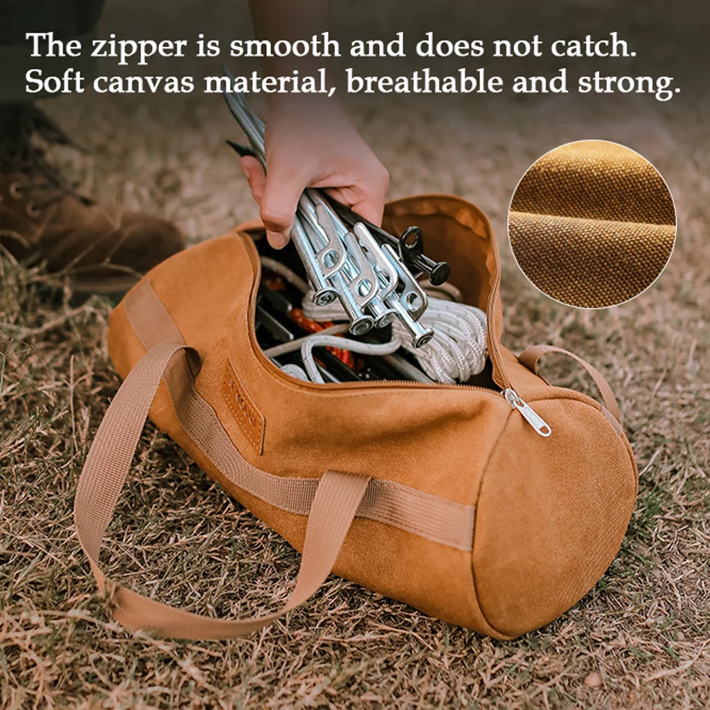 Khaki Canvas Tent Hammer Long Ground Nail Storage Bag, Portable Organizer for Camping Tent Ground Nail, Wind Rope