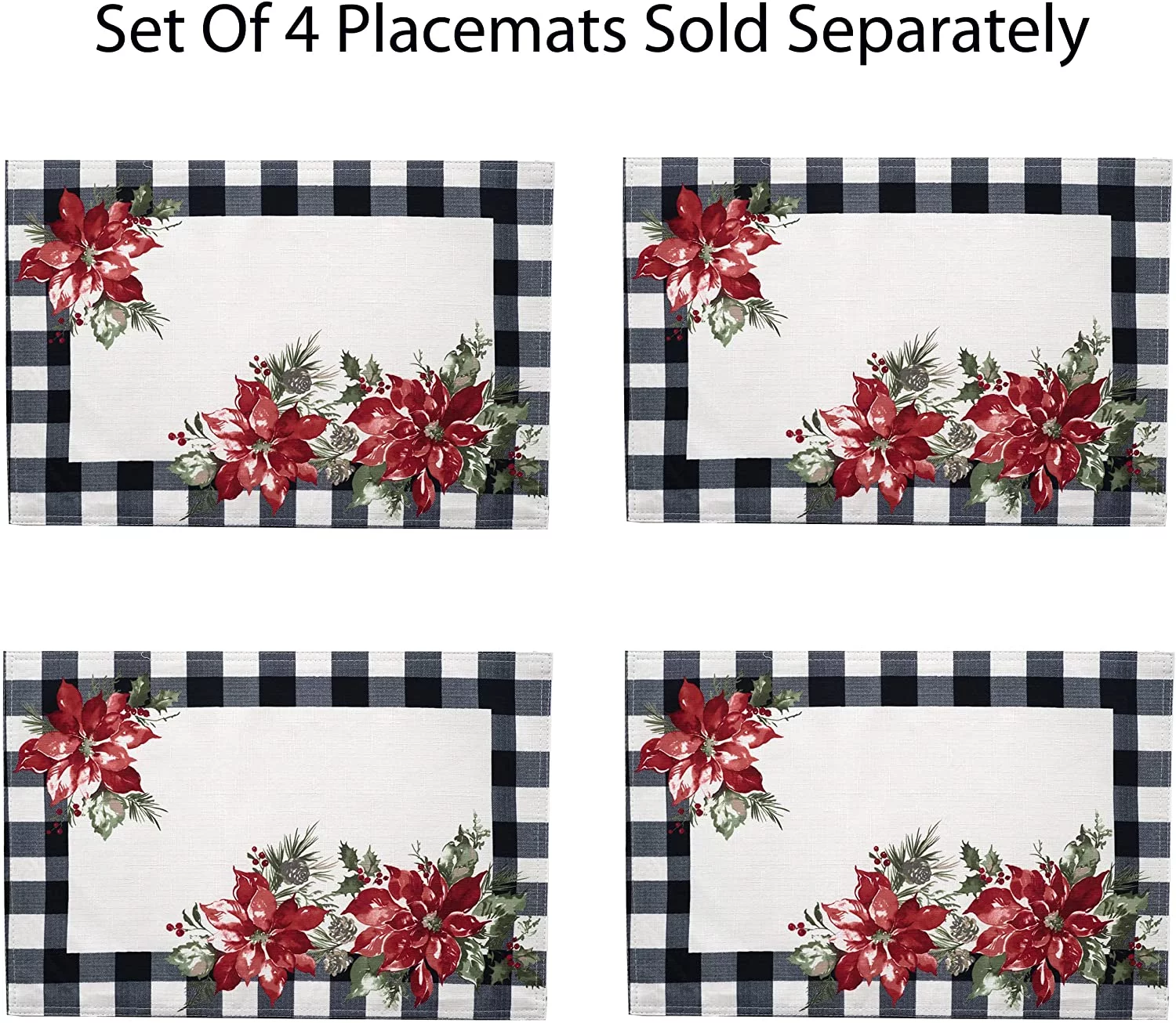 Newbridge Poinsettia Festivity Gingham Bordered Christmas Fabric Tablecloth, Country Cottage Print Easy Care, Stain Release Tablecloth, 52” x 52” Square