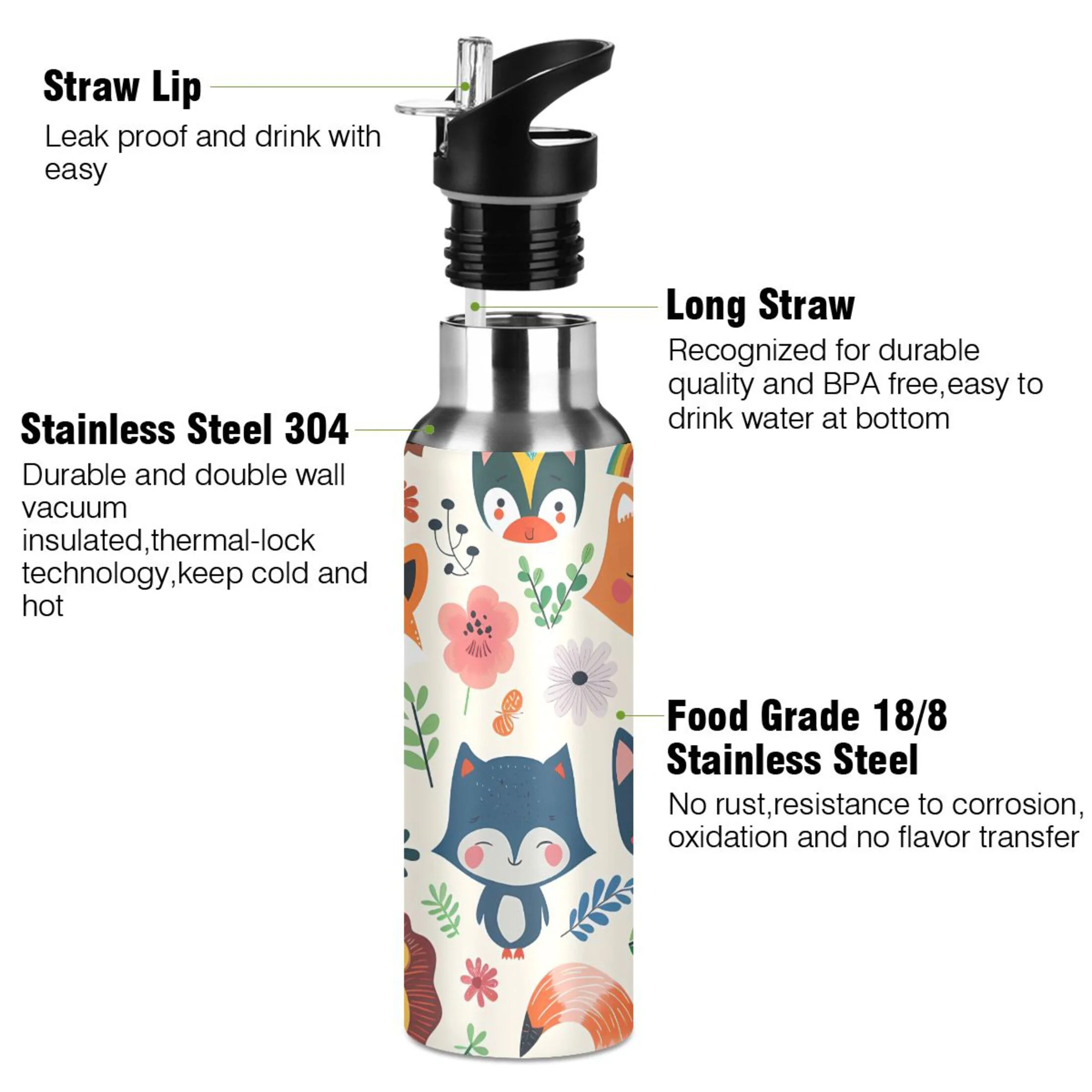 Cartoon Foxes Animals Water Bottles Insulated Thermos Kids Stainless Steel Bottle with Straw Lid Flask Leakproof for Sports Gym 20 oz