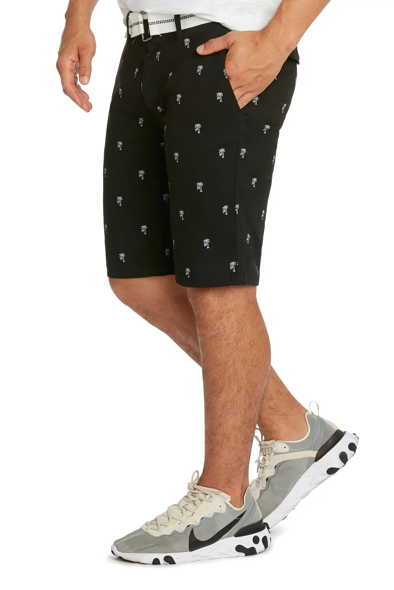9 Crowns Men's Flat Front Flamingo Palm Stretch Belted Casual Shorts (30, Black/White)