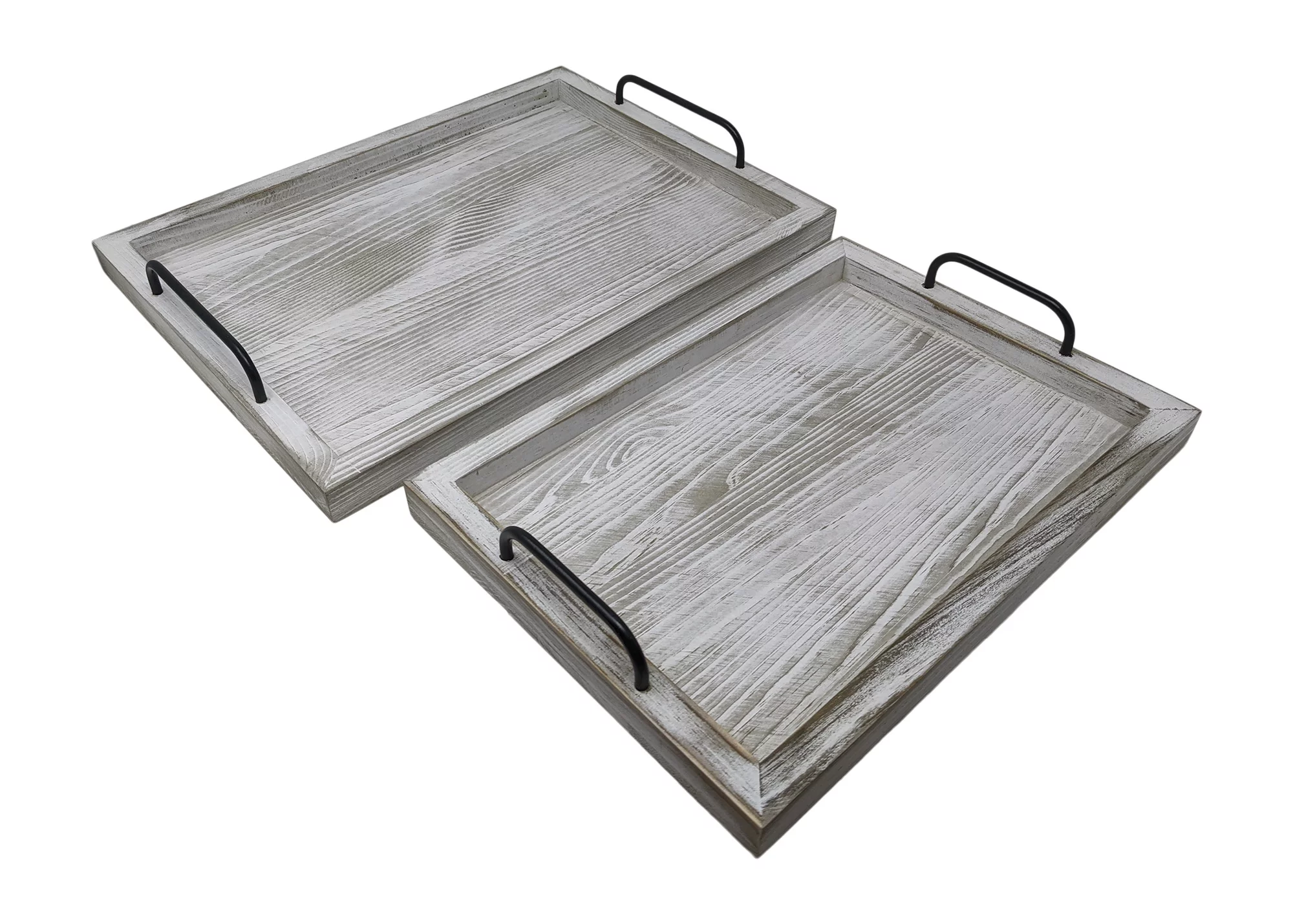 Gianna's Home Rustic Farmhouse Set of 2 Food Serving Trays with Metal Handles (Rustic White)
