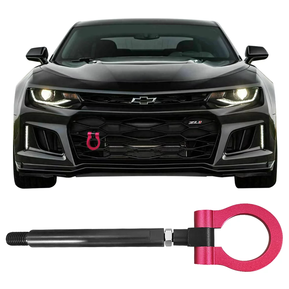 Ikon Motorsports Compatible with 16-20 Chevy Camaro Front Tow Hook Bar Black Pole and Red Circle - Aluminum