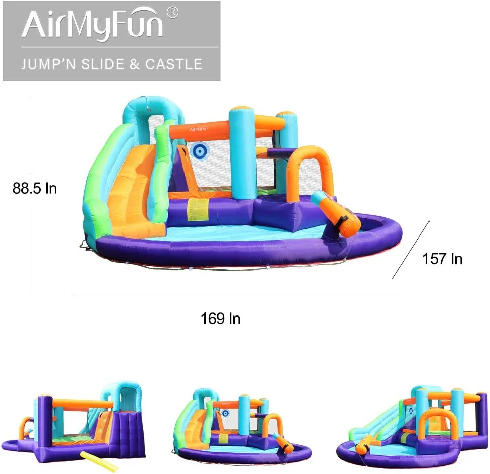 AirMyFun Inflatable Bounce House, Jumping Castle with Water and Slide, Inflatable Bouncer with Air Blower