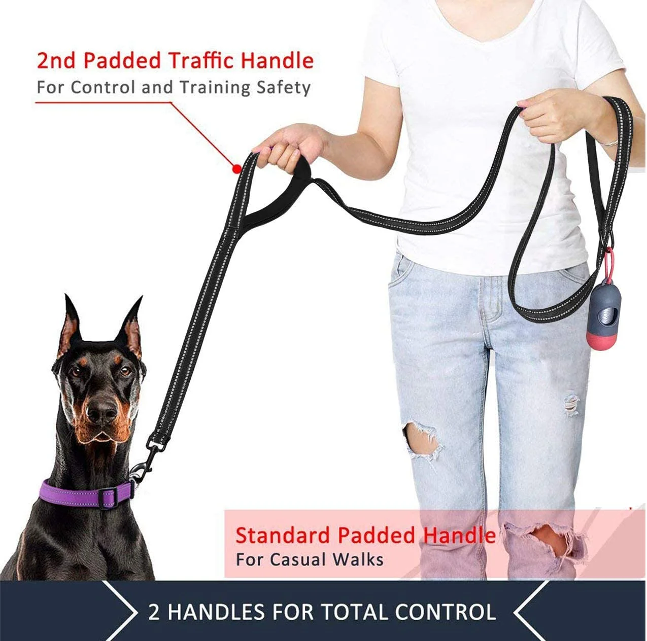 JSXD Dog Leash,5 FT Heavy Duty Double Handle Dog Leash with Comfortable Padded and Reflective,Rope Dog Leashes for Small,Medium,Large Dogs (Wide-Black)