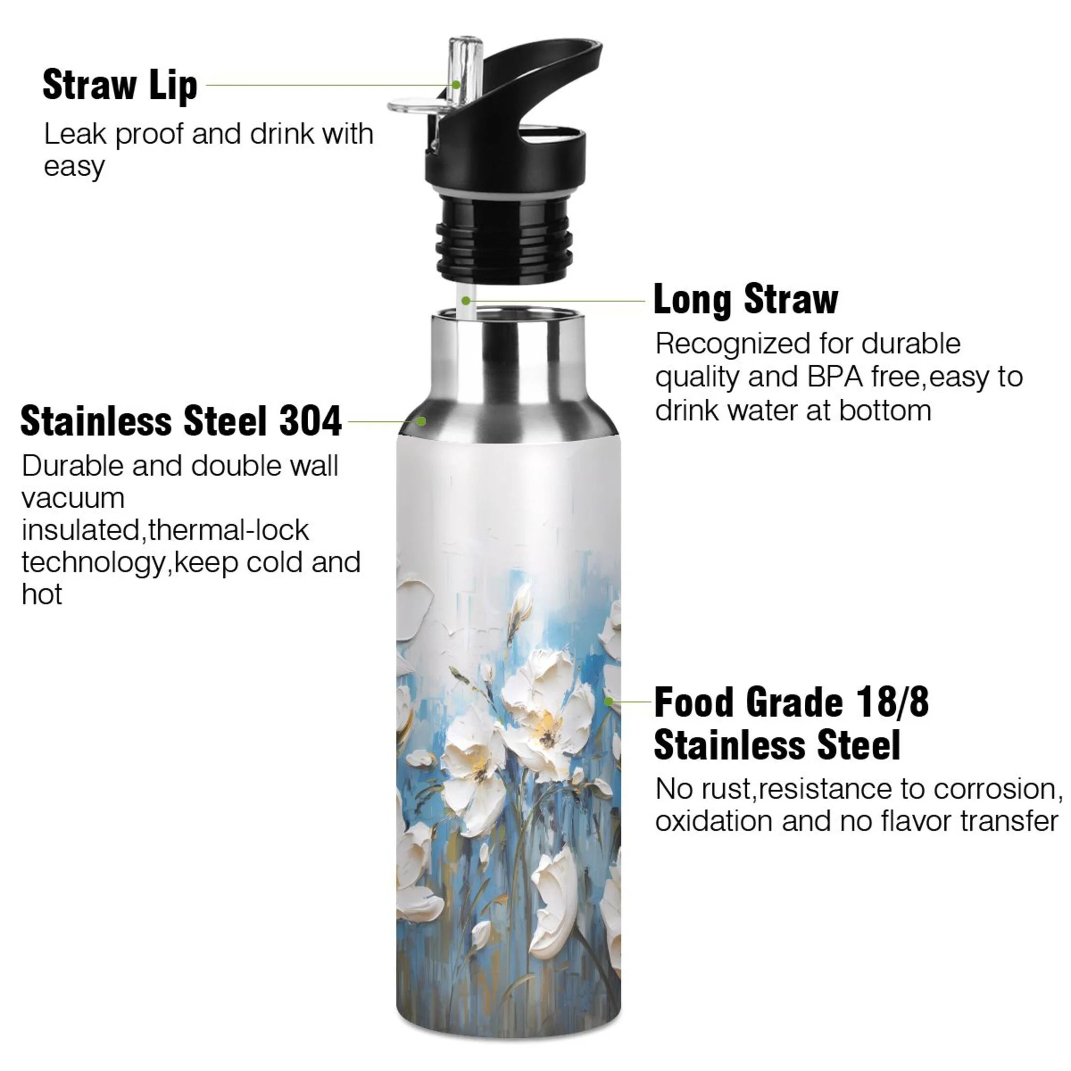 Water Bottle with Straw Lid Leak White Daisy Flowers Stainless Steel Insulated Thermos Vacuum Flask for Cold Hot Drinking for Sports Camping Gym Yoga