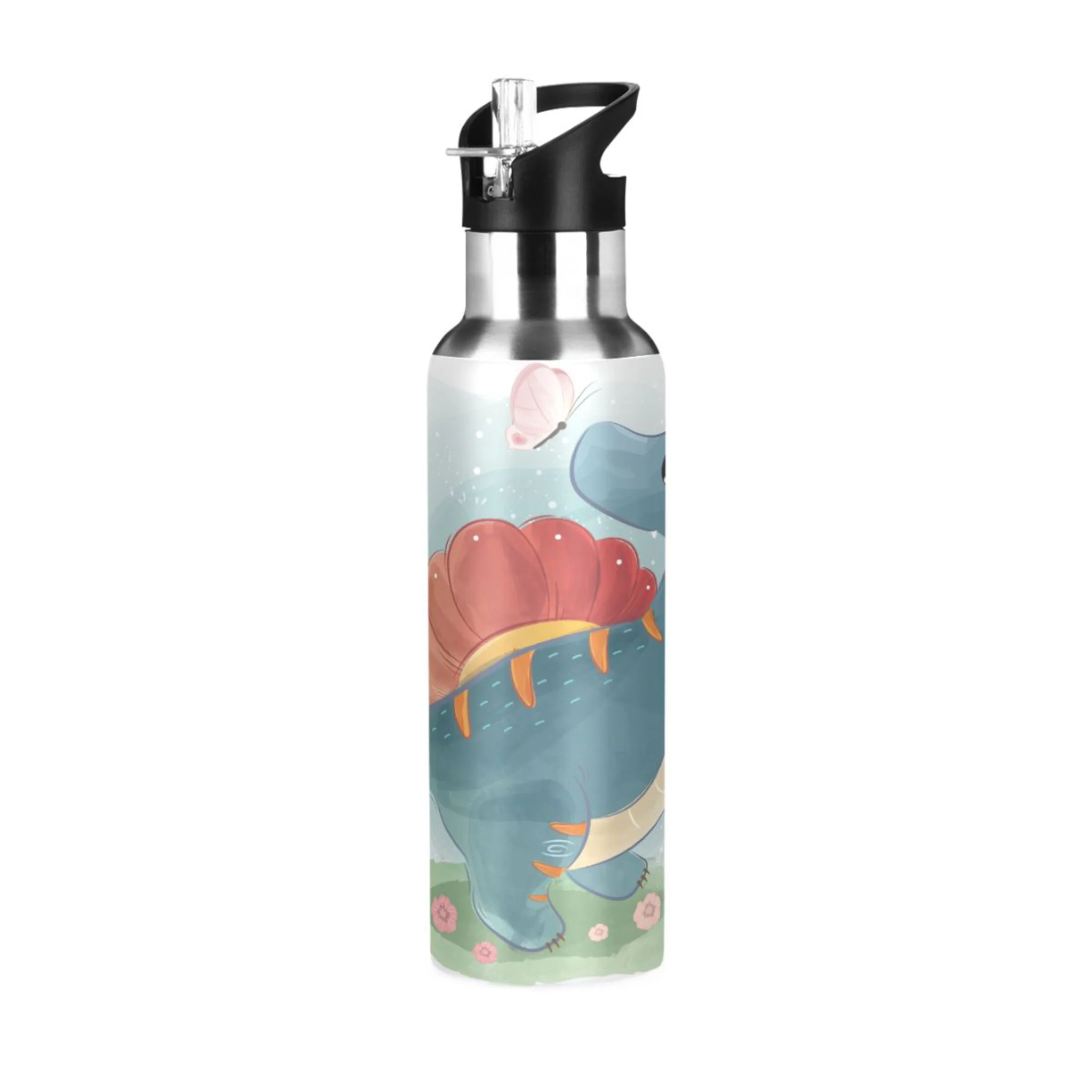 Water Bottle with Straw Lid Leak Cute Boy Dinosaur Stainless Steel Insulated Thermos Vacuum Flask for Cold Hot Drinking for Sports Camping Gym Yoga