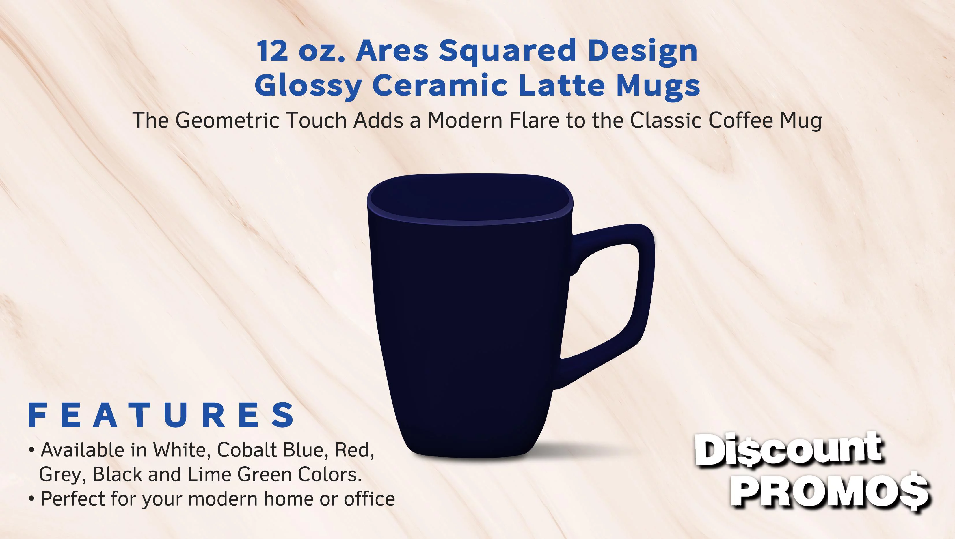 10 Ares Glossy Ceramic Latte Mugs Set, 12 oz. - Stoneware, Glossy, Durable, C-handle - Cobalt Blue