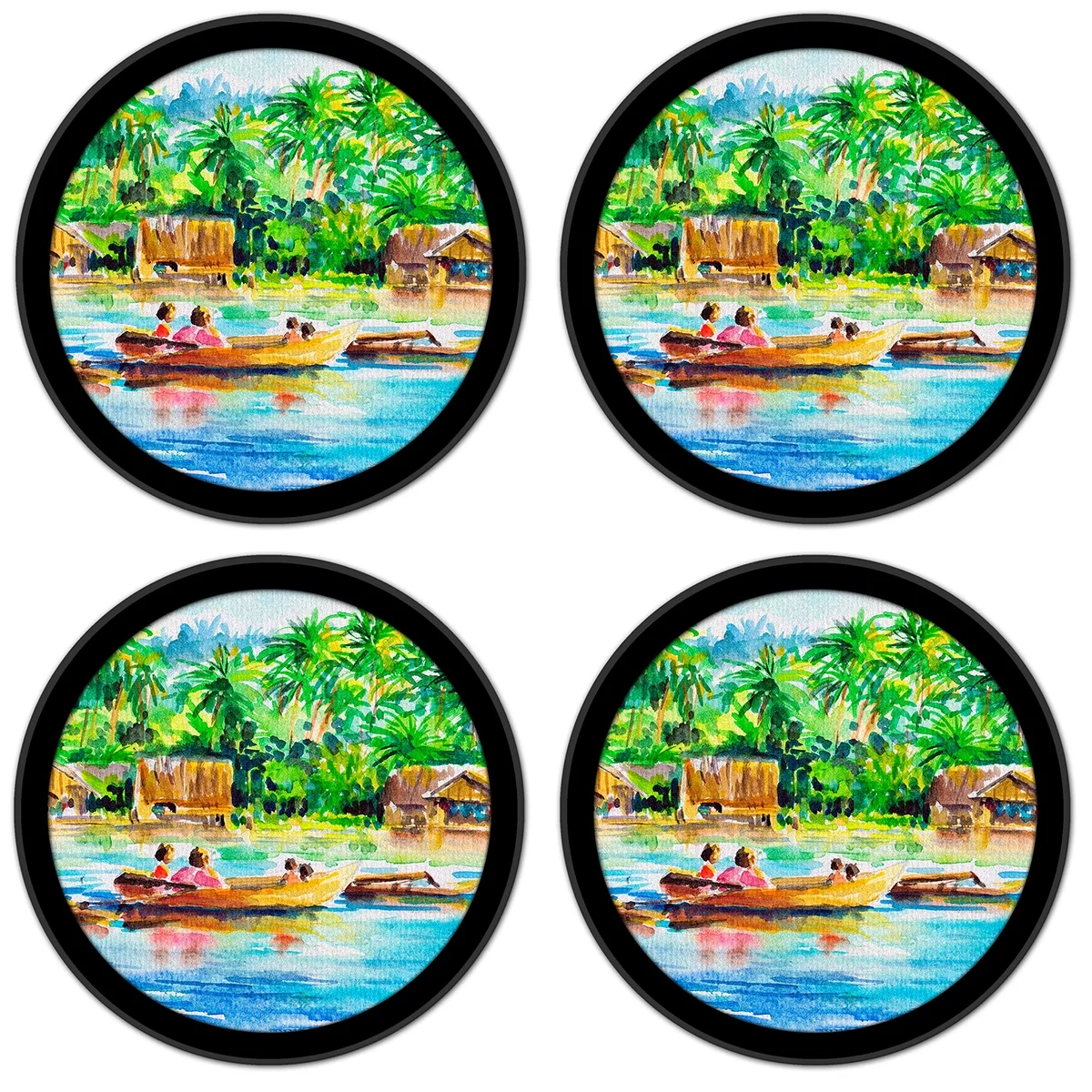 Silicone Non-Slip Drink Coasters with Removable Printed Absorbent Felt Pad - Set of 4 - Canoes on the River