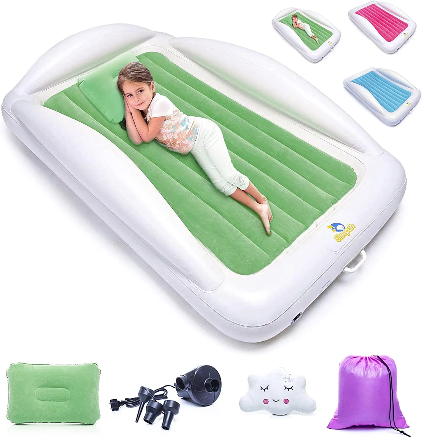 Sleepah Toddler Air Mattress - Inflatable Toddler Bed Set Includes Pump Pillow Carry Case Green