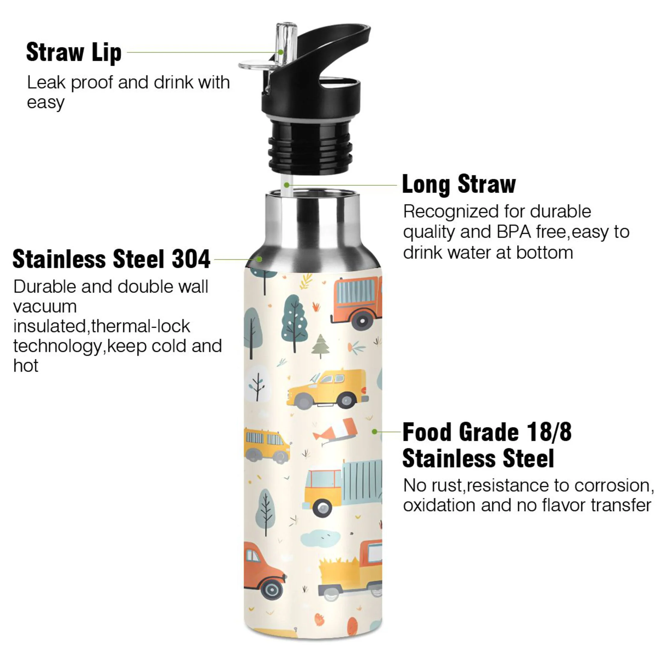 Water Bottle with Straw Lid Leak Cute Trucks and Car Stainless Steel Insulated Thermos Vacuum Flask for Cold Hot Drinking for Sports Camping Gym Yoga