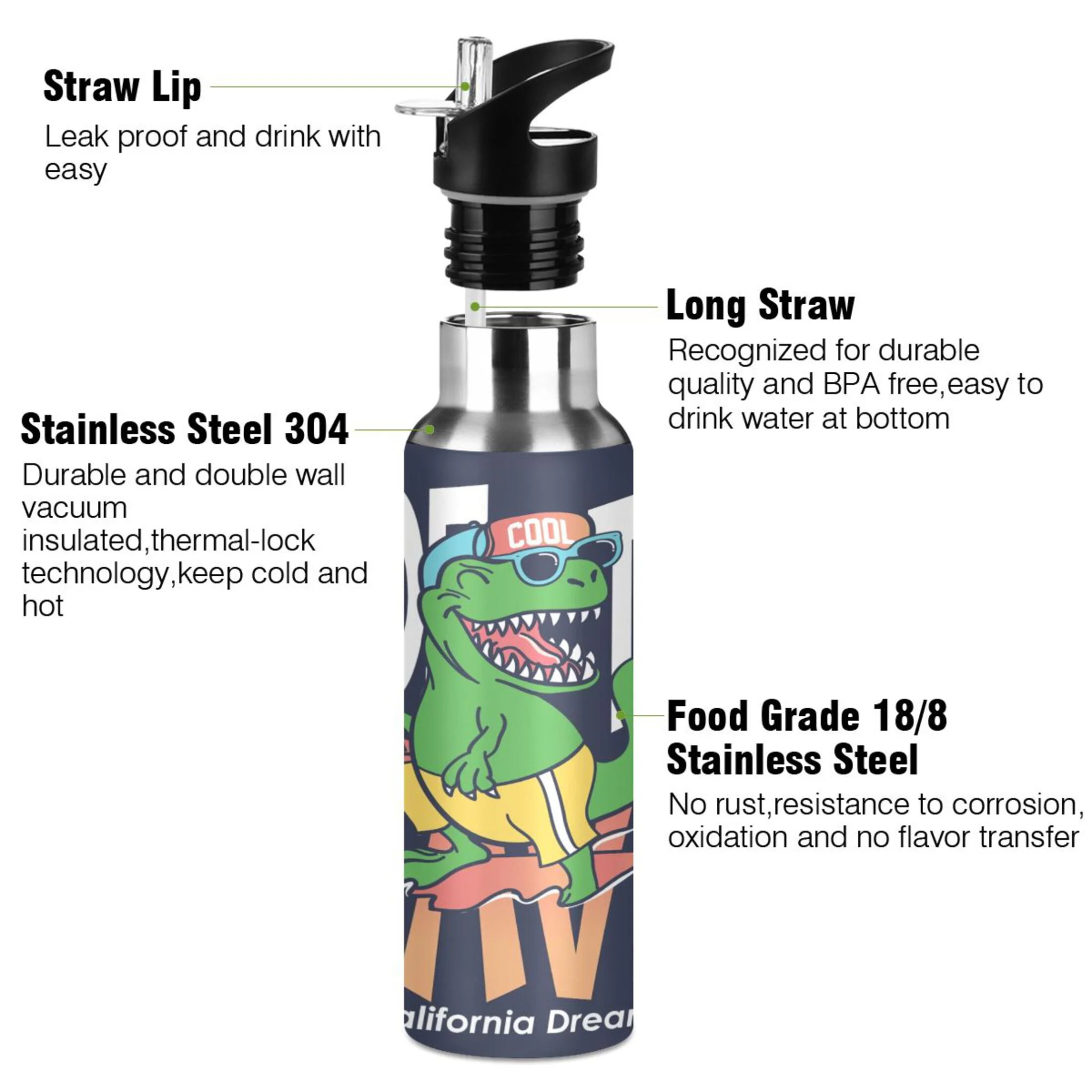 Stainless Steel Water Bottle Cool Dinosaur Surfing with Straw Lid Vacuum Insulated Keeps Hot and Cold Leak Proof Flask Jug for Gym Travel Sports Cycling Outdoor 20 OZ