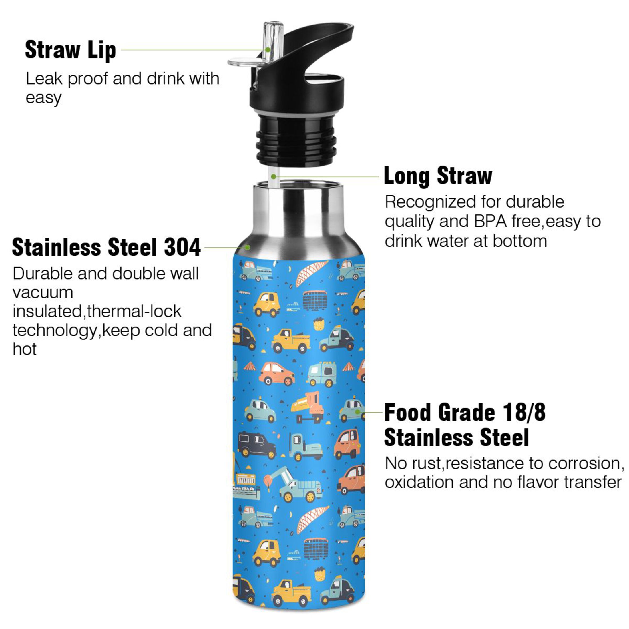 Cartoon Car Trucks Water Bottles Insulated Thermos Kids Stainless Steel Bottle with Straw Lid Flask Leakproof for Sports Gym 20 oz
