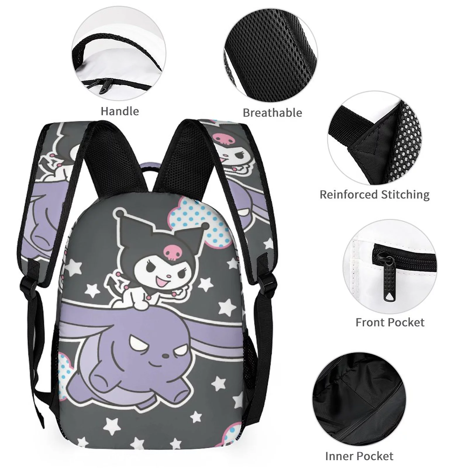My Melody Kuromi Laptop Backpack School Student Book Bag Satchel Rucksack Adjustable Shoulders Daypack