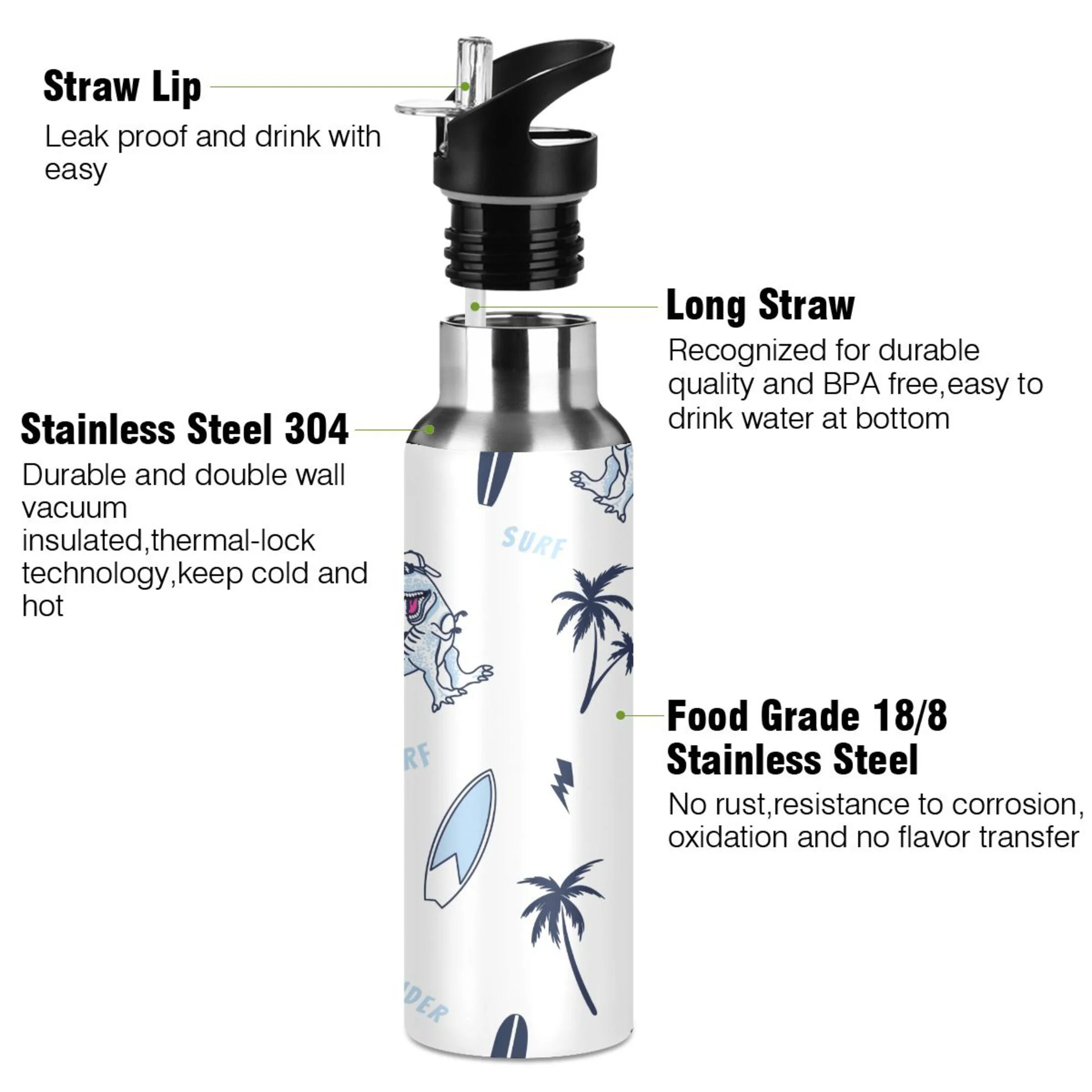 Water Bottle with Straw Lid Leak Cute Surfing Dinosaur Stainless Steel Insulated Thermos Vacuum Flask for Cold Hot Drinking for Sports Camping Gym Yoga