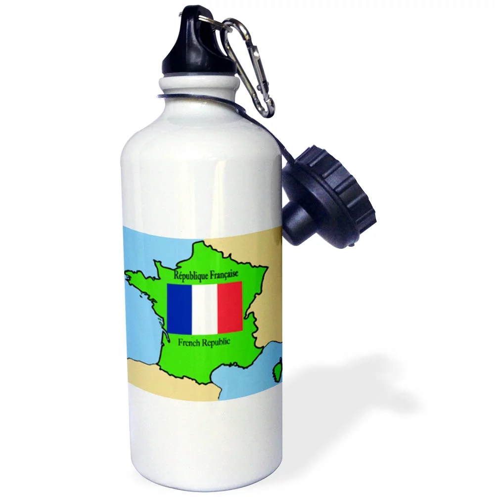 The map and flag of France with the French Republic printed in English and French. 21 oz Sports Water Bottle wb-37586-1