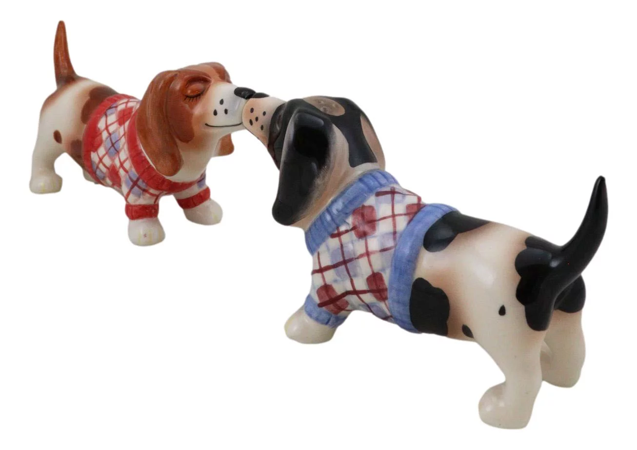 Ebros French Basset Hounds Magnetic Ceramic Salt Pepper Shakers Collectible Set