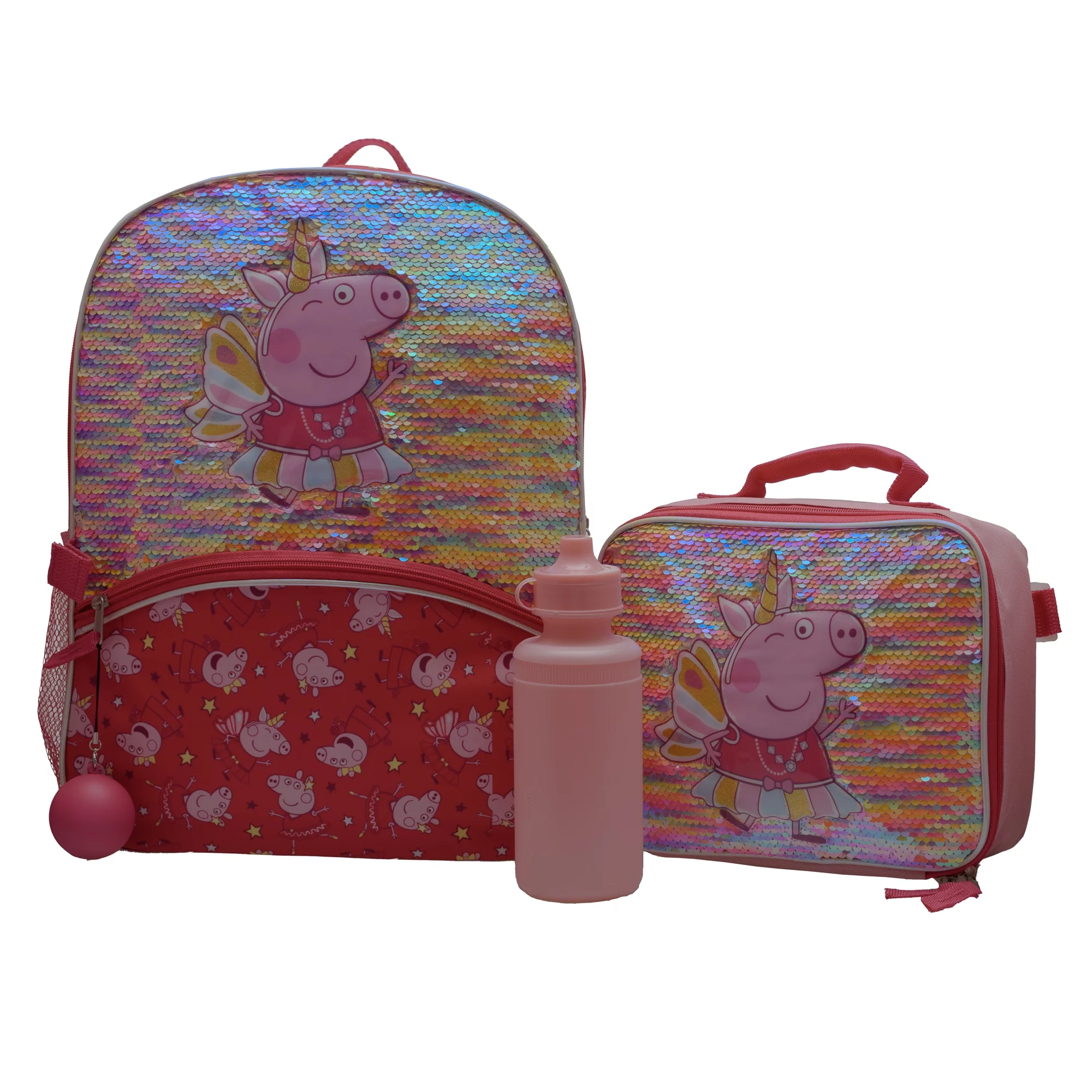 Peppa Pig Girls Toddler 4 Piece Backpack Set for Preschool & Kindergarten, Flip Sequin Travel School Bag with Front Zip & Side Mesh Side Pockets, Insulated Lunch Box, Water Bottle, Squish Ball Dangle