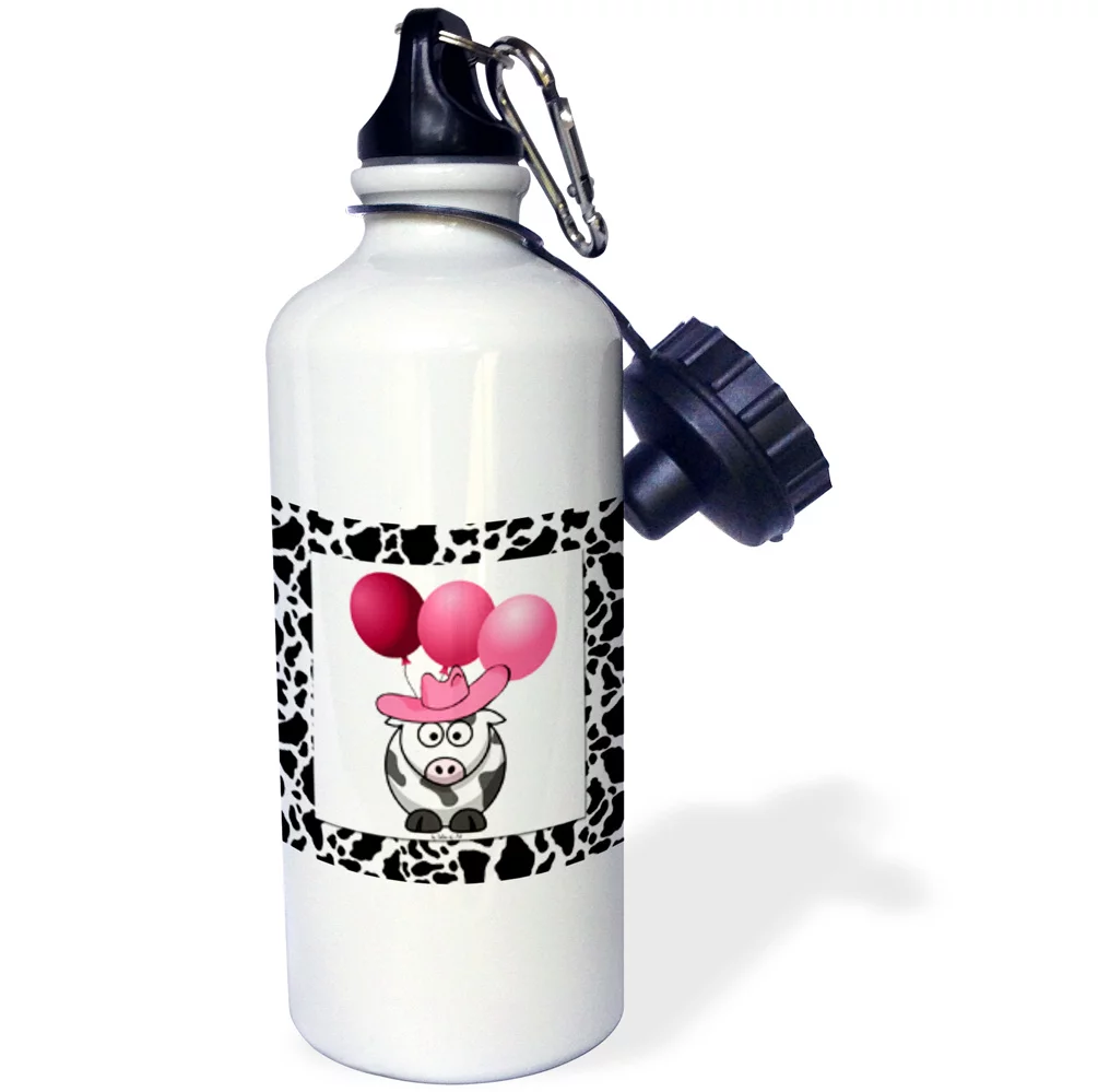 3dRose Western Cow Print with Pink Balloons, Sports Water Bottle, 21oz