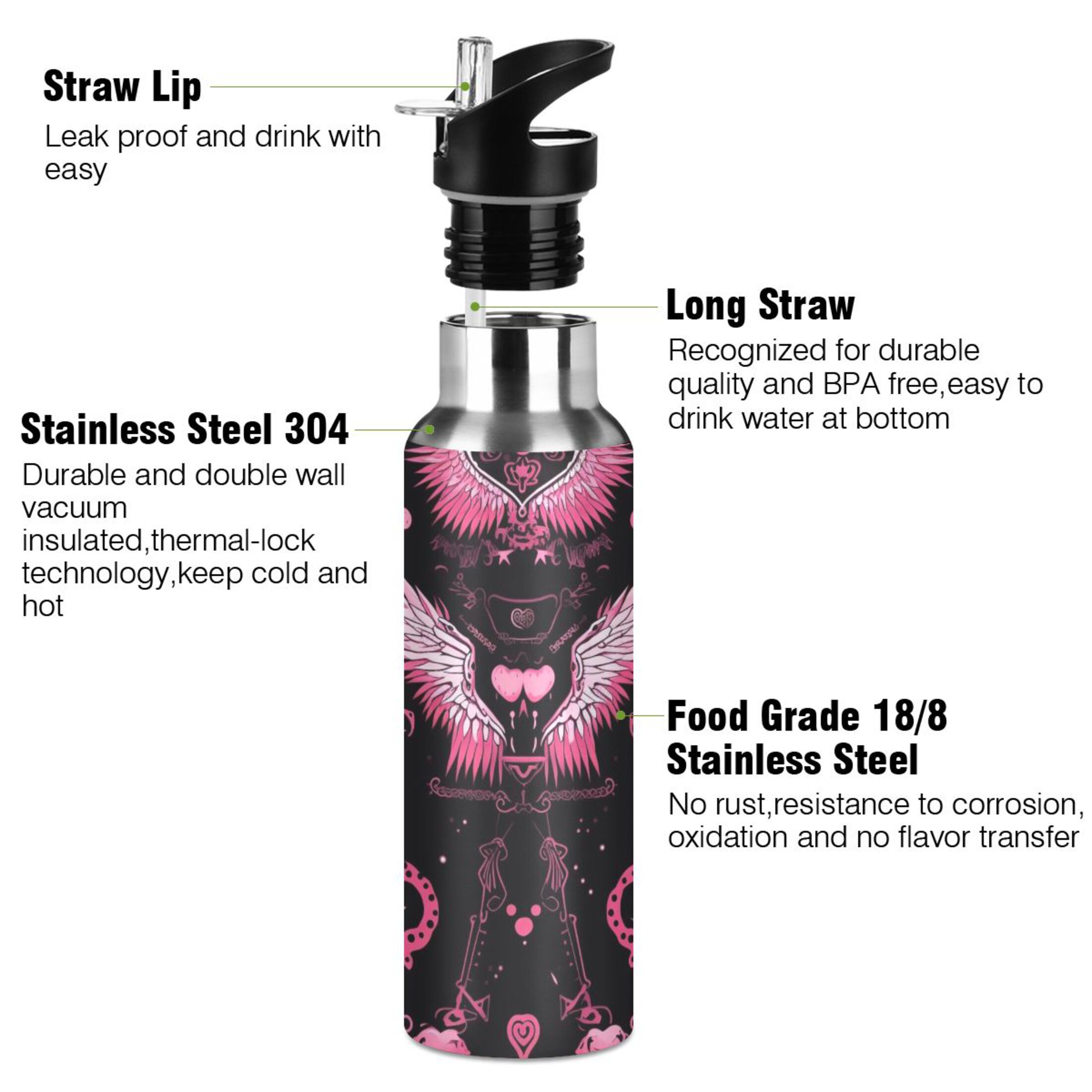 Wing with Heart Water Bottles Insulated Thermos Kids Stainless Steel Bottle with Straw Lid Flask Leakproof for Sports Gym 20 oz