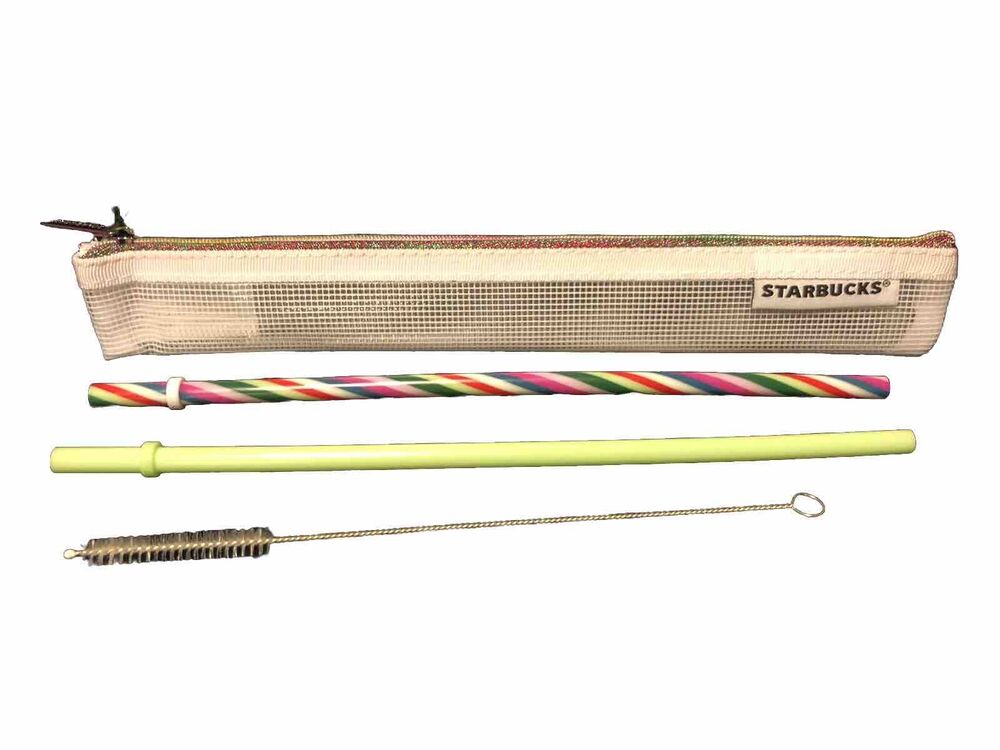 Starbucks Venti 24oz Reusable Straw & Brush Set - Candy Cane & Lime Green Straws With Pouch