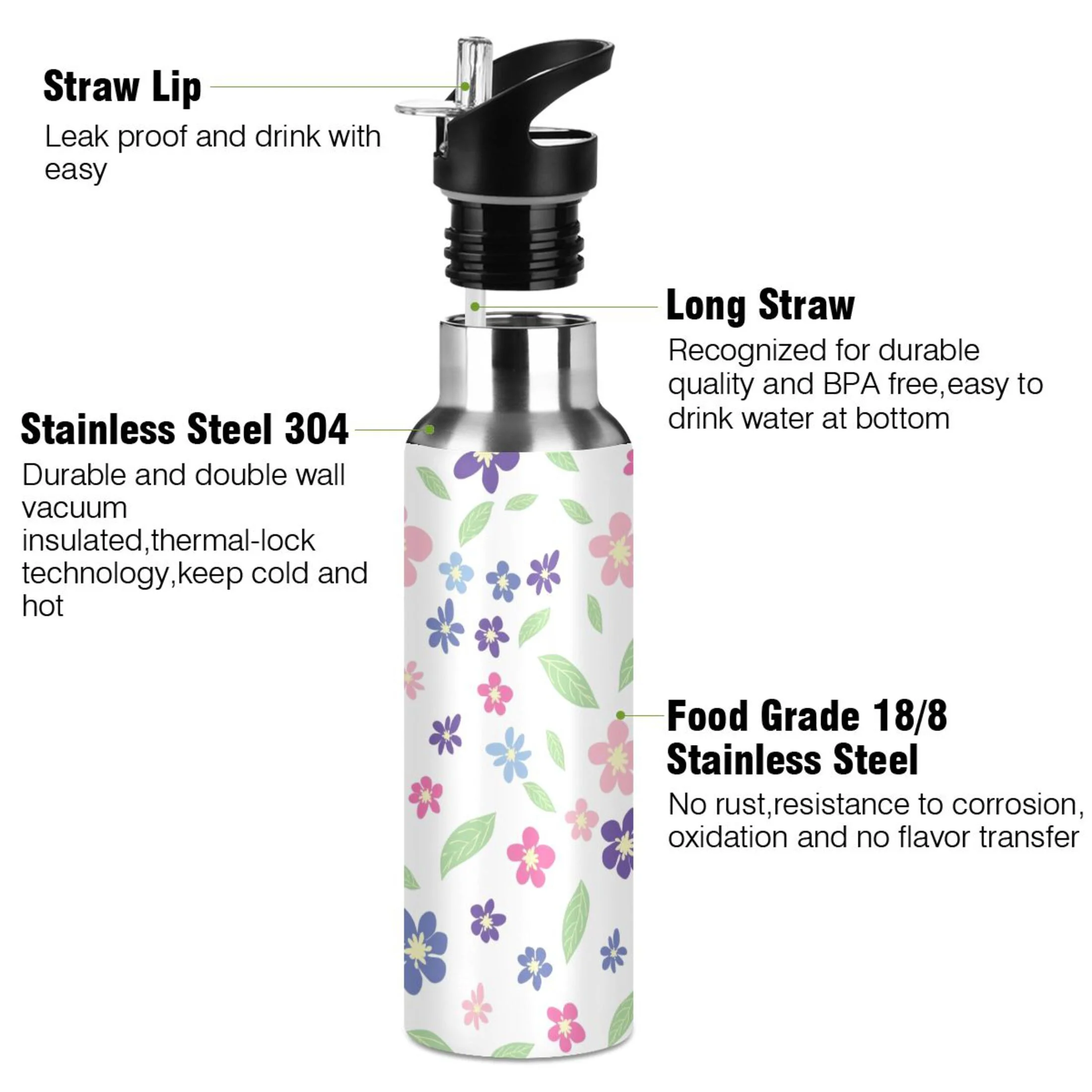 Water Bottle with Straw Lid Leak Flowers with Pink Chamomile Leaves Stainless Steel Insulated Thermos Vacuum Flask for Cold Hot Drinking for Sports Camping Gym Yoga