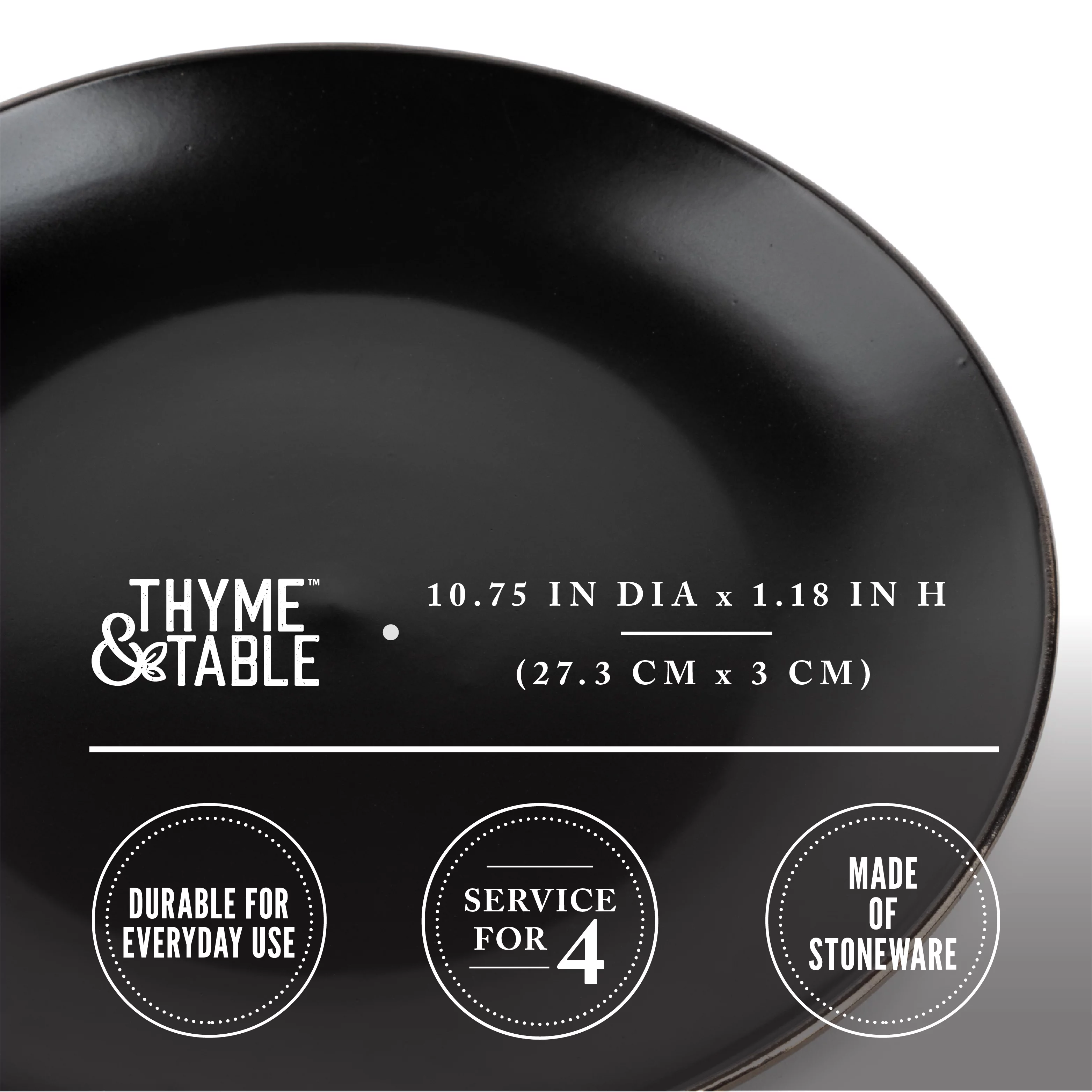 Thyme & Table Dinnerware Black Onyx Stoneware Dinner Round Plates, 4 Pack