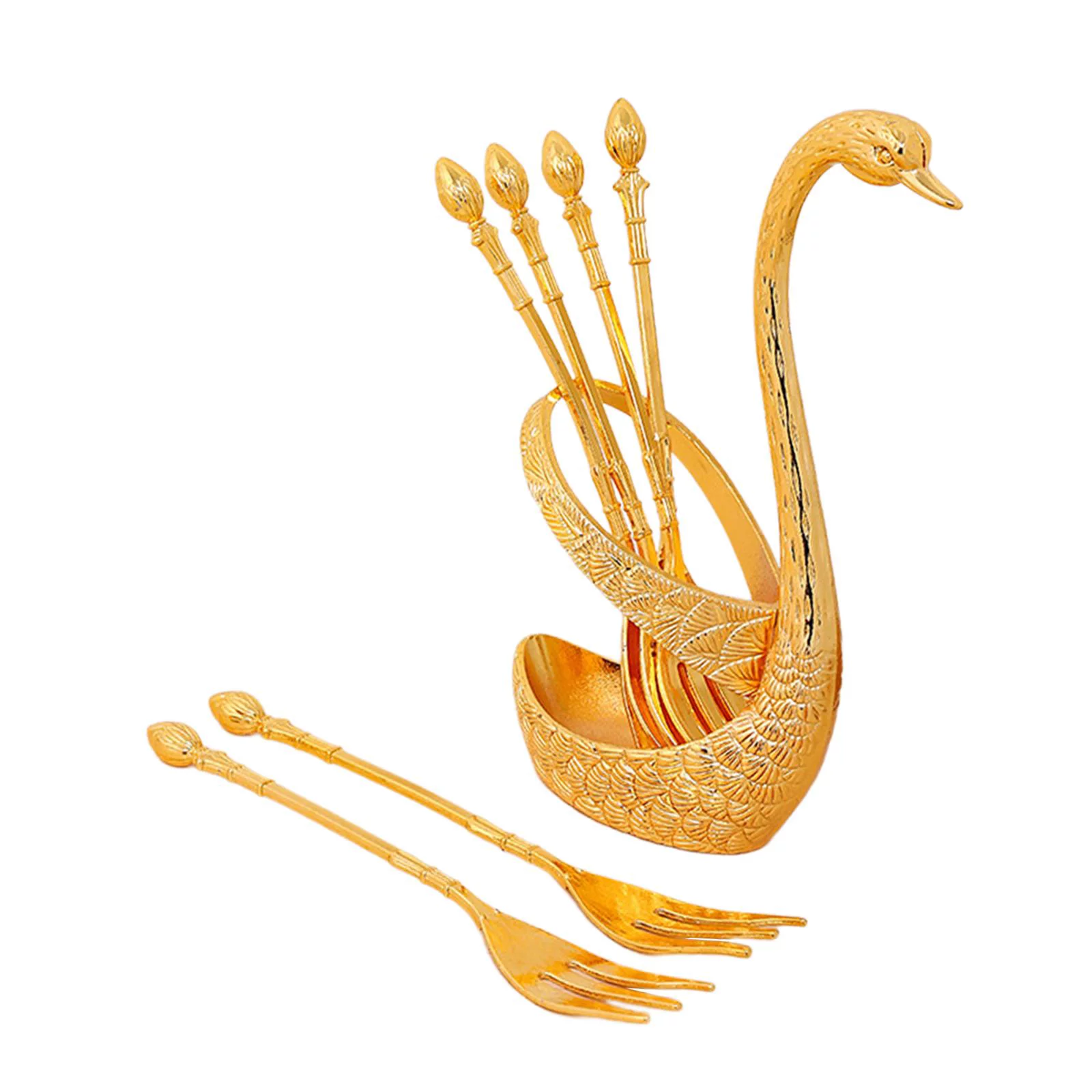 Swan Dinnerware Set, Swan Base Holder Alloy Fruit Ice Cream Cake Dessert Flatware Set, Swan Spoon Organizer for Hotel Kitchen, Party Home Decor with Gold Forks