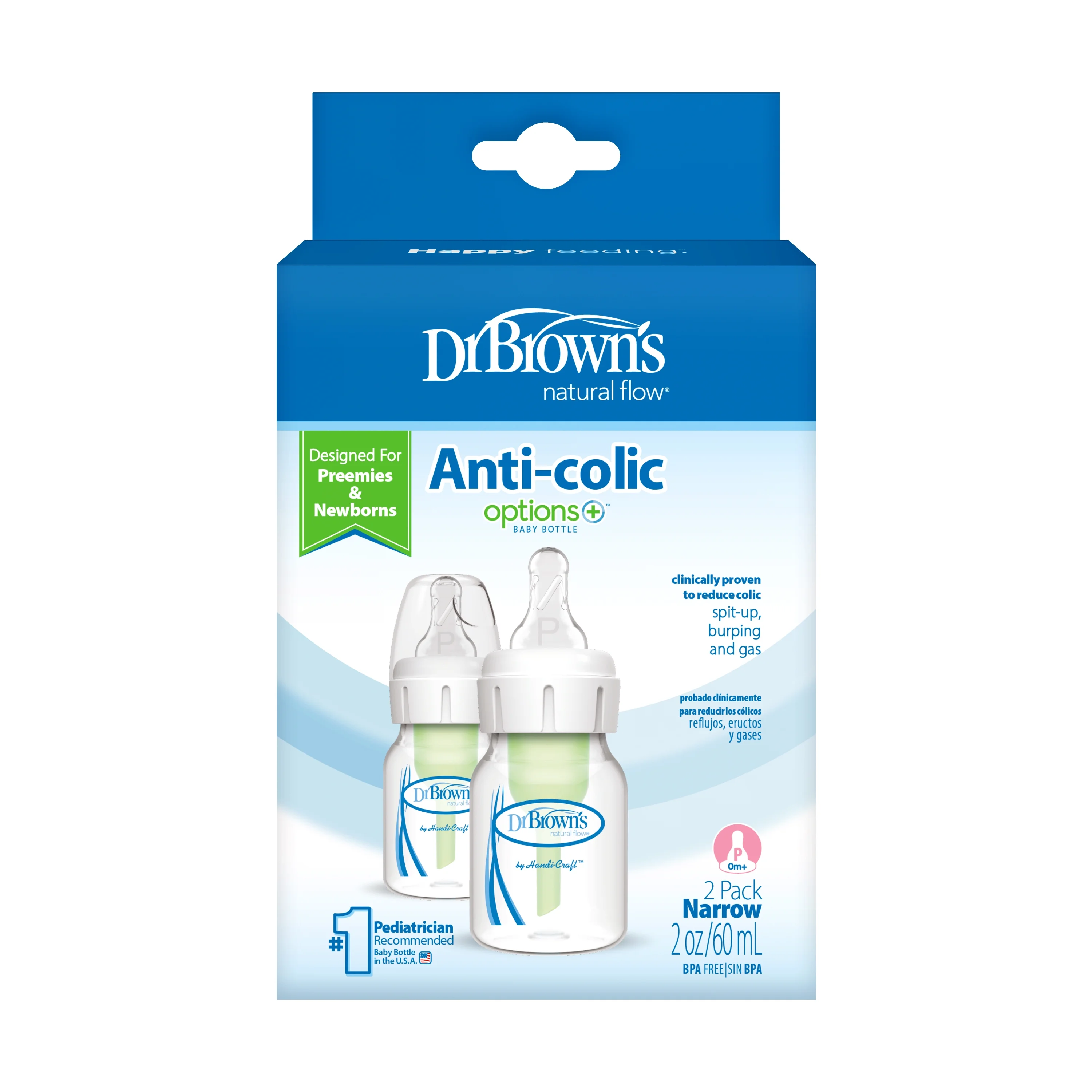 Dr. Brown’s Natural Flow Anti-Colic Narrow Baby Bottle, 2oz/60mL with Preemie Flow Nipple, 2-Pack, 0m+