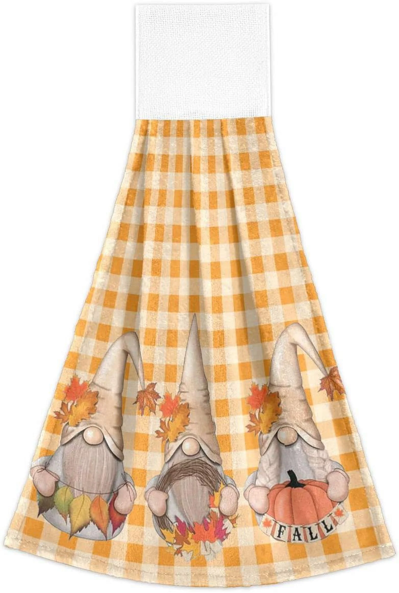 Wellsay Fall Gnome Hanging Kitchen Towels Set of 2, Autumn Pumpkin Maple Leaves Hand Tie Towel with Loop Orange White Checked Plaid Washcloth for Bathroom Kitchen Home Decor
