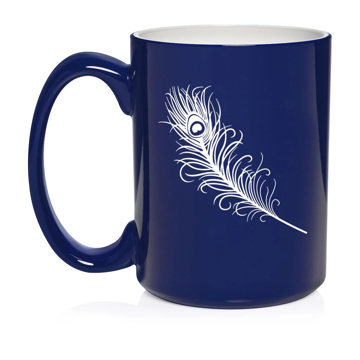 Peacock Feather Ceramic Coffee Mug Tea Cup Gift for Her, Him, Friend, Coworker, Wife, Husband (15oz Blue)