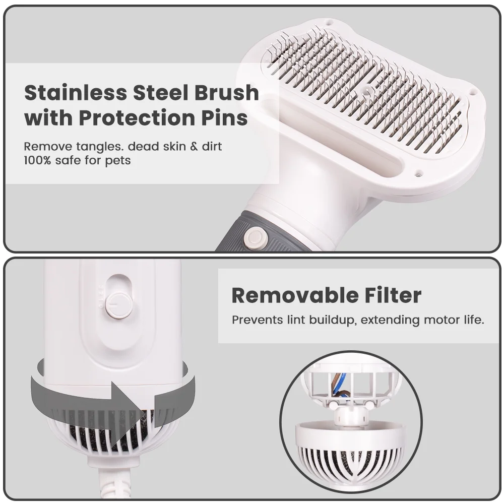 Pet Hair Dryer, ZUPOX 2 in 1 Dog Blow Dryer Pet Dryers Grooming with Slicker Brush with 2 Temperatures Settings for Dog Cat