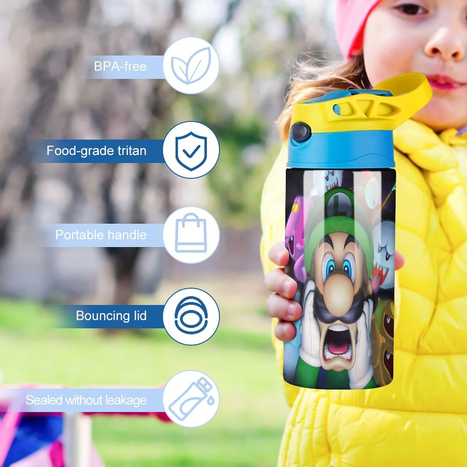 Creepy Luigi's Mansion Kid's Insulated Water Bottle With Straw Vacuum Stainless Steel Cup Leak-Proof Children Toddler Thermoses