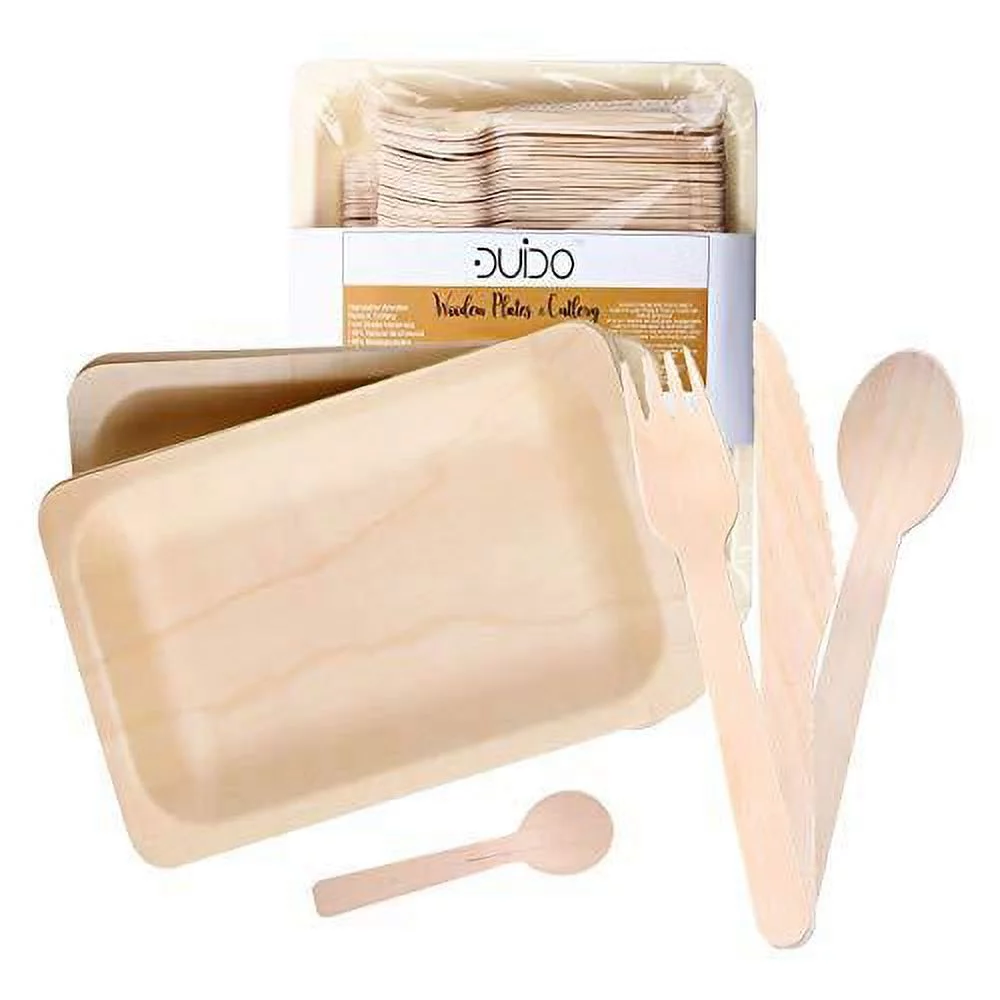 Disposable Wooden Cutlery Utensils Set – (Pack of 150) 30 10.5-inch Plates 30 Forks 30 Knives 30 Spoons 30 Small Spoons Eco-Friendly Silverware Compostable Flatware Biodegradable