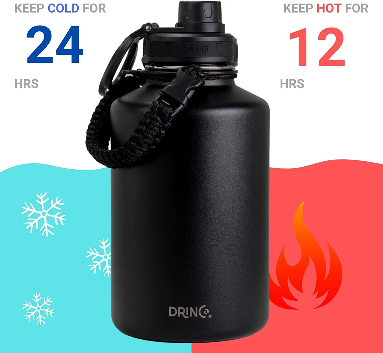 Drinco Water Bottle Double Wall Vacuum Insulated Stainless Steel, 64oz Black