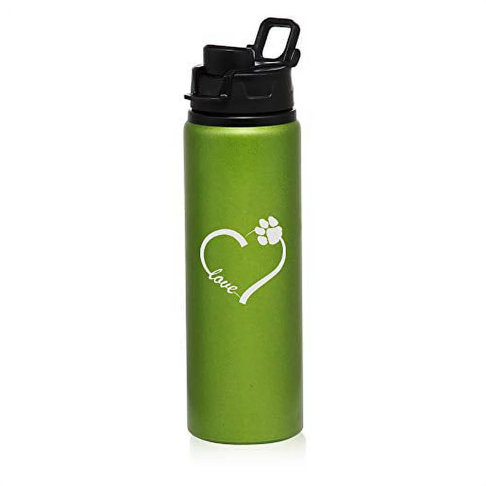 MIP Brand 25 oz Aluminum Sports Water Travel Bottle Love Heart Paw Animals (Green)