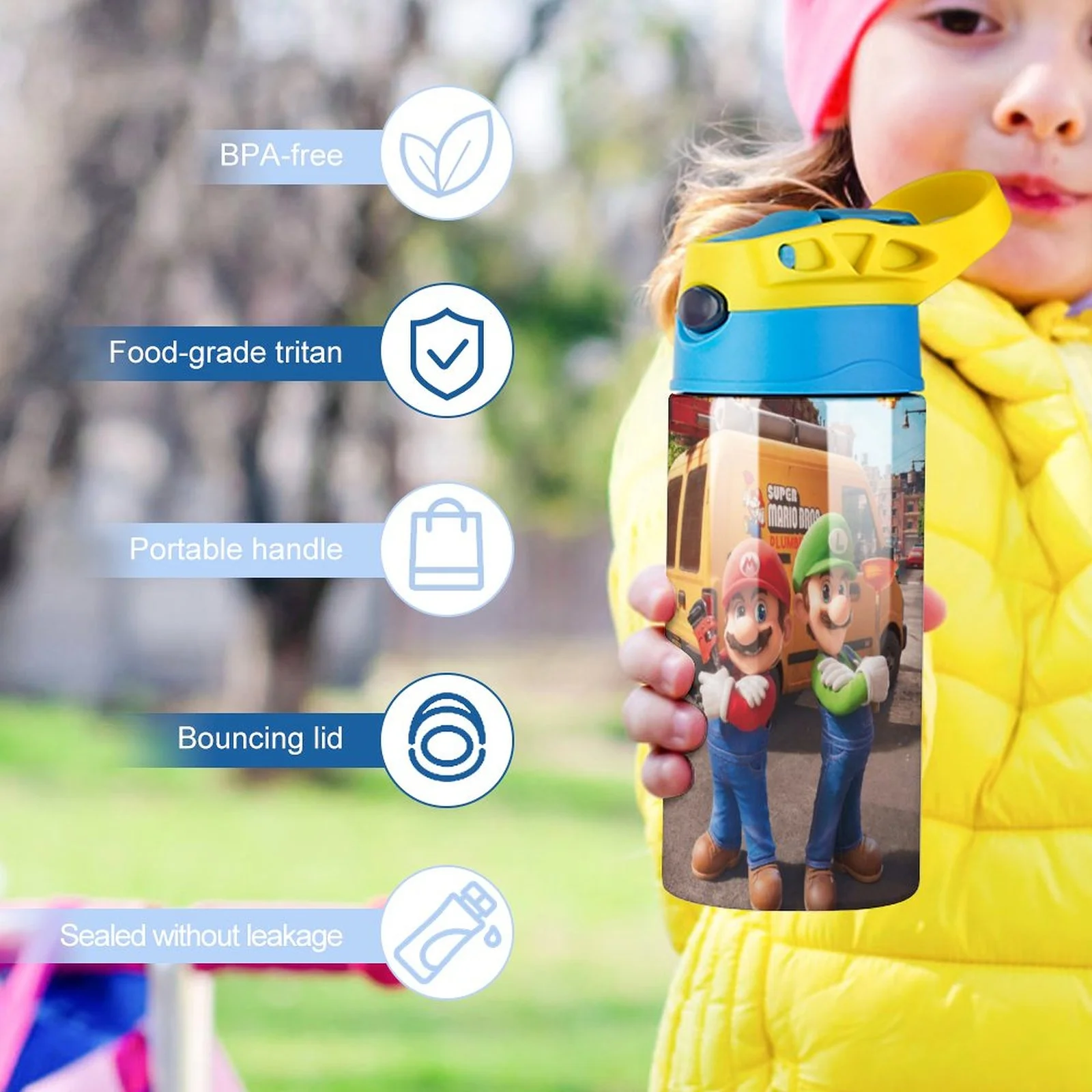 Mario Bros Movie Game Kid's Insulated Water Bottle With Straw Vacuum Stainless Steel Cup Leak-Proof Children Toddler Thermoses