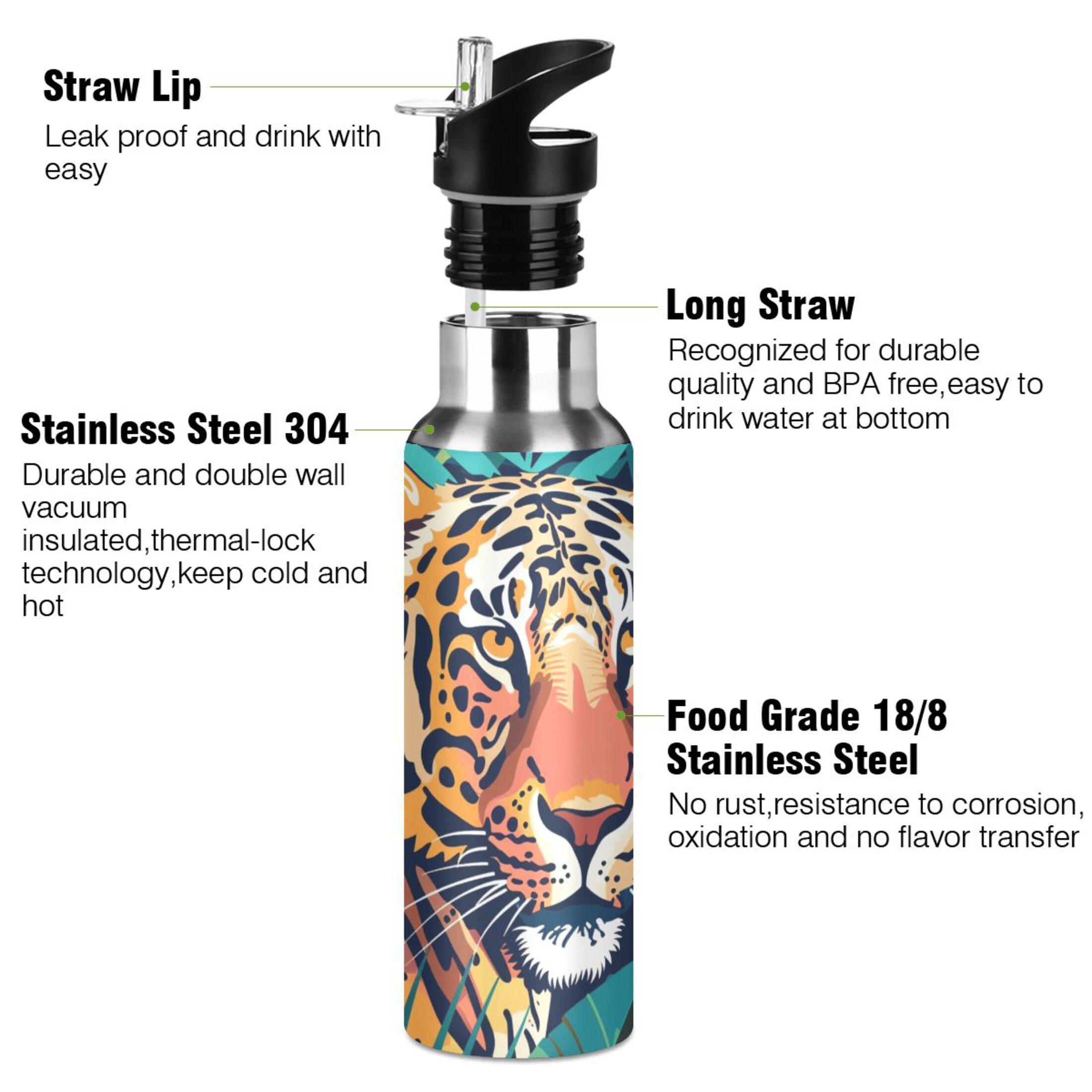 Tiger in Leaves Water Bottles Insulated Thermos Kids Stainless Steel Bottle with Straw Lid Flask Leakproof for Sports Gym 20 oz
