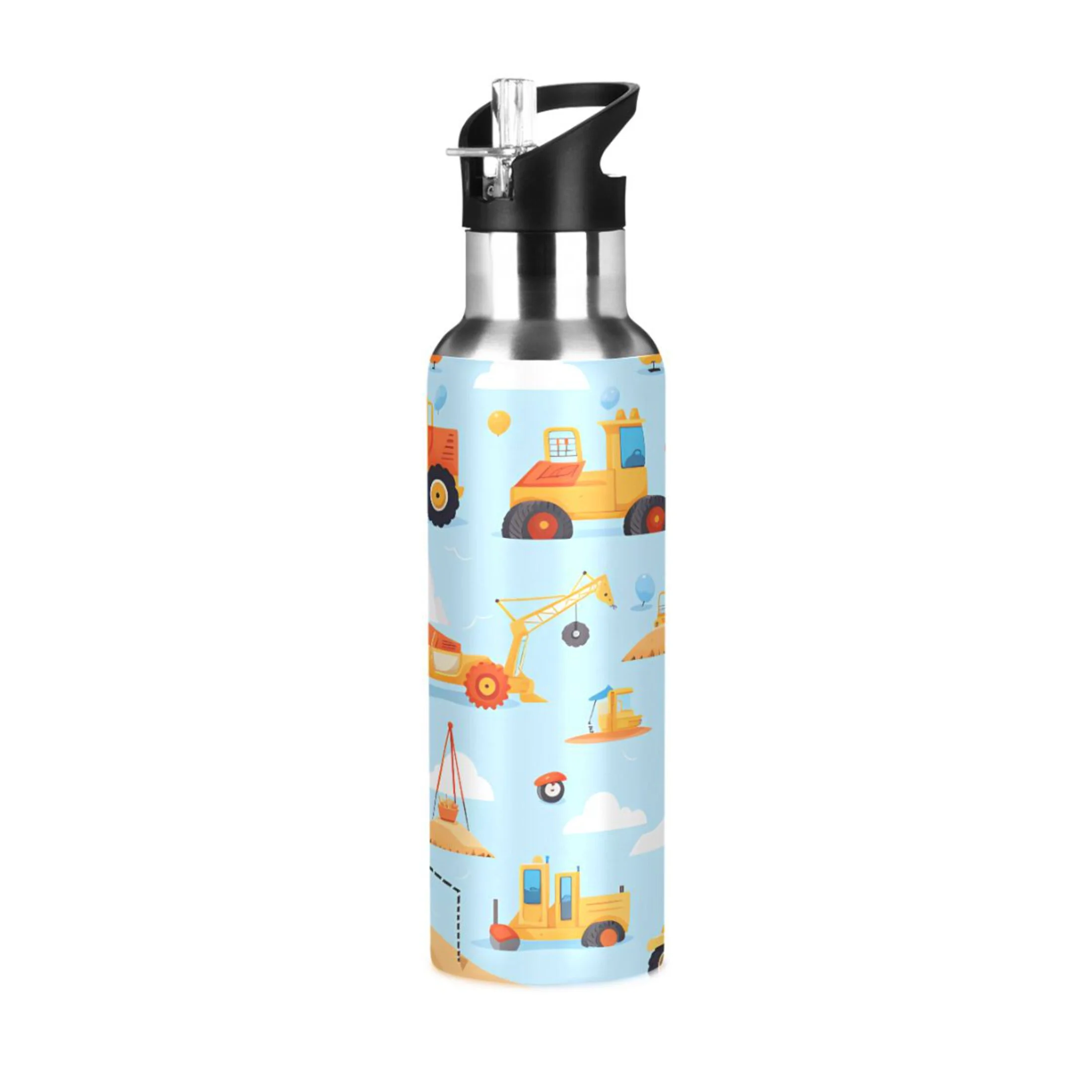 Water Bottle with Straw Lid Leak Cartoon Truck Blue Excavator Stainless Steel Insulated Thermos Vacuum Flask for Cold Hot Drinking for Sports Camping Gym Yoga