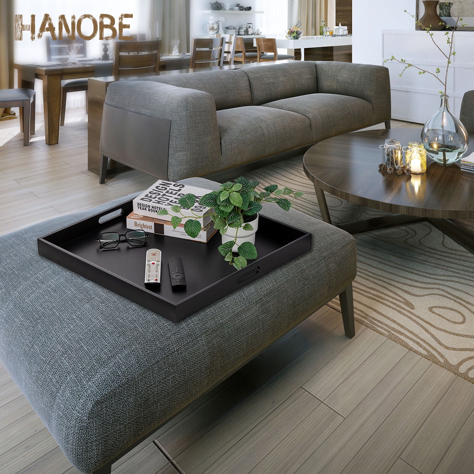 Hanobe Square Large Ottoman Tray Modern Extra Large Black Serving Decorative Trays with Cutout Handles for Living Room Coffee Table Home, 20