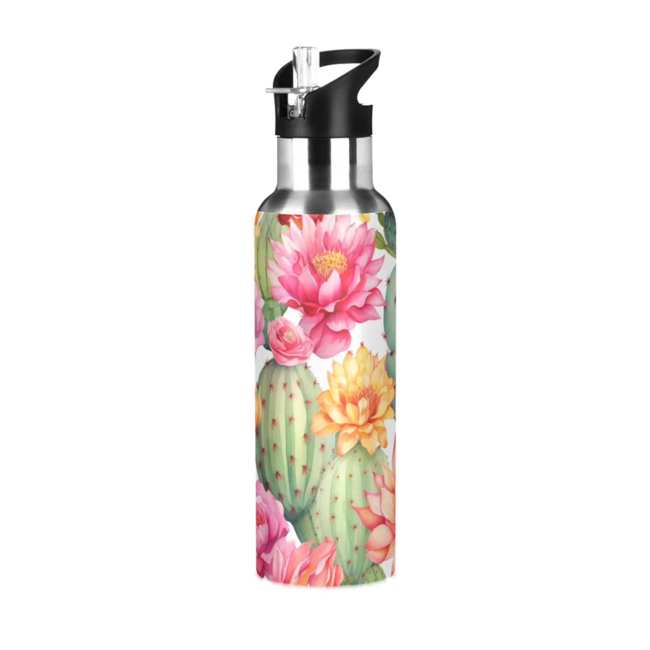 Cactus and Flowers Water Bottles Insulated Thermos Kids Stainless Steel Bottle with Straw Lid Flask Leakproof for Sports Gym 20 oz