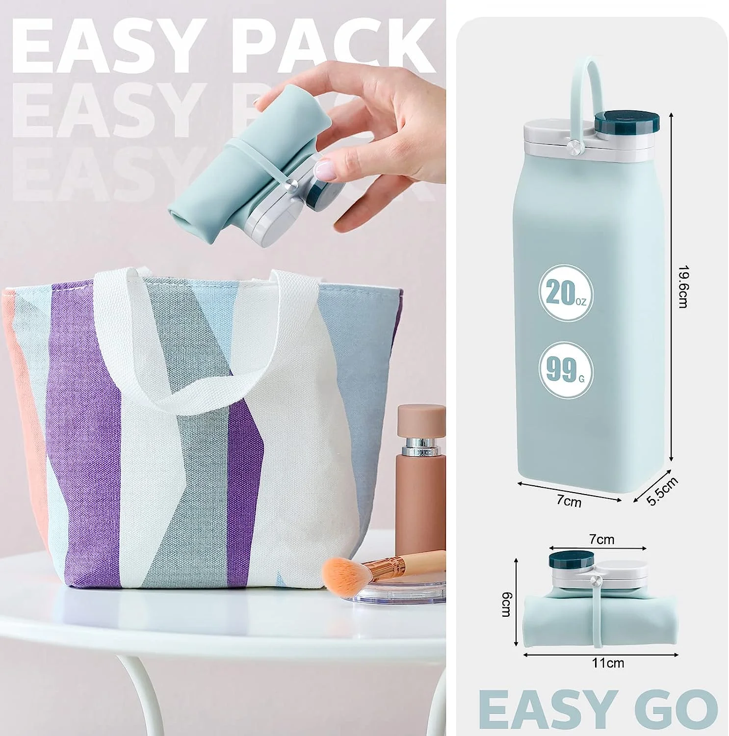 3 Pcs Collapsible Water Bottles Flat Silicone Foldable Water Bottles Portable Pouch Reusable Leak Proof Travel Water Bottle Lightweight Collapsible Water Container for Hiking Camping Running Sports