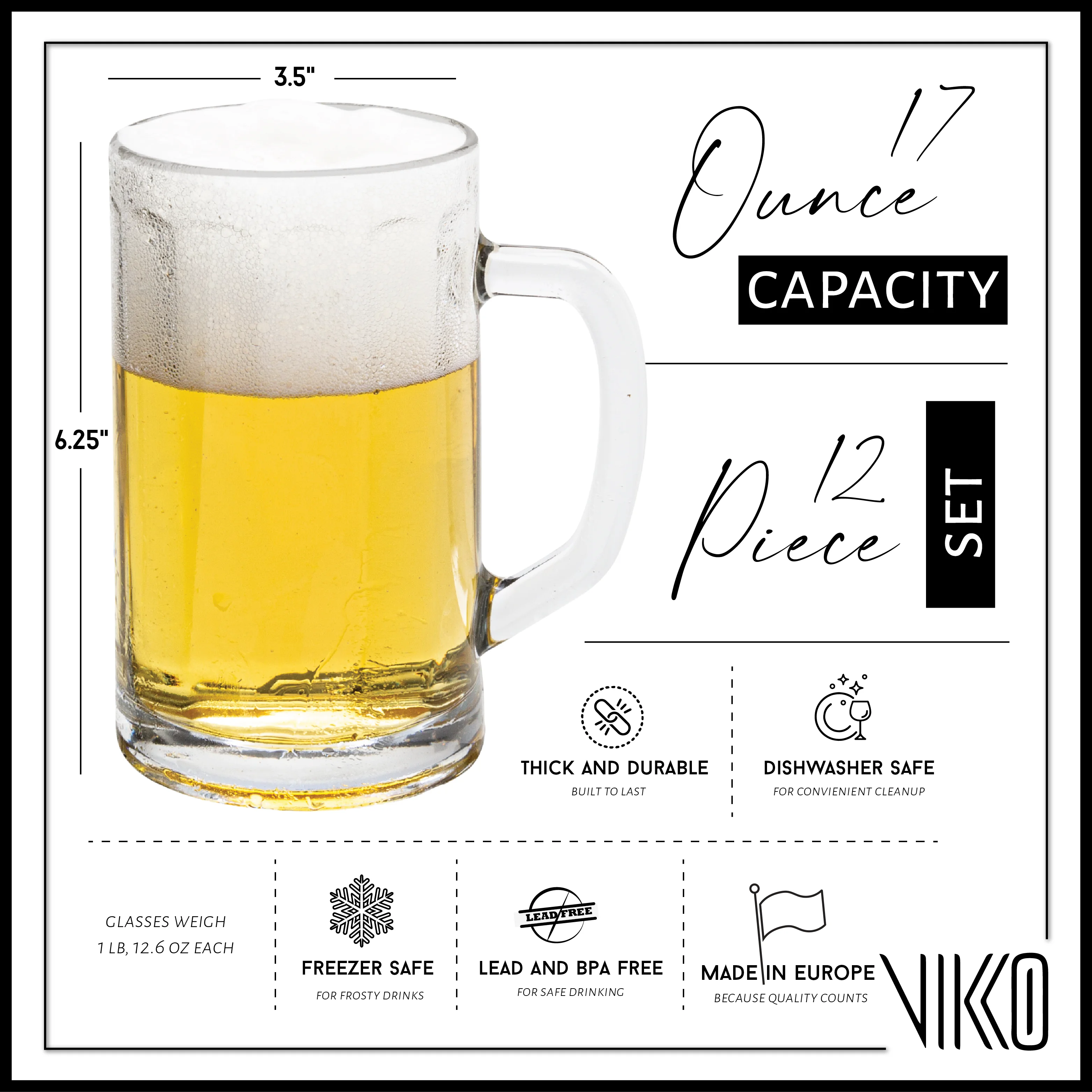 Vikko Beer Mug, Set of 12 Glass Beer Mugs, 17 Ounce, Dishwasher Safe Durable Drinking Glass for Craft Brews, Beer or Water