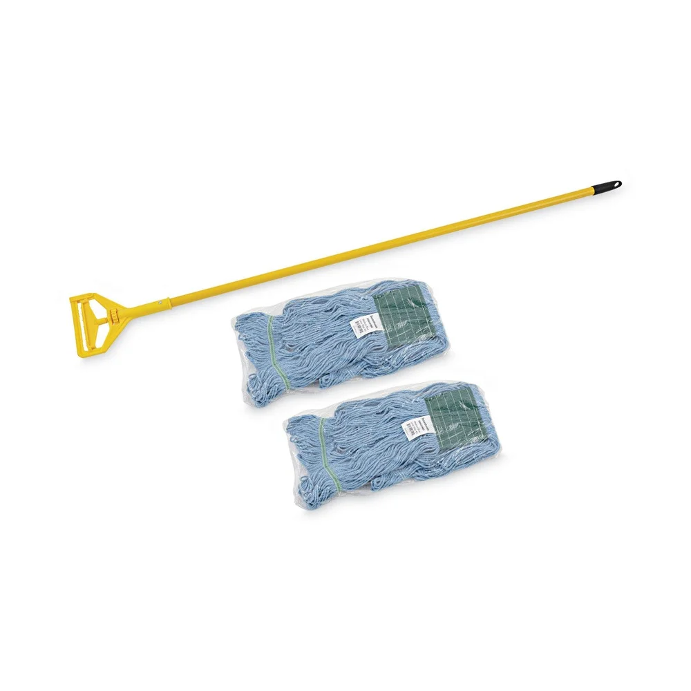 Boardwalk BWK400MBC Medium Cotton/Rayon/Synthetic Head and 60 in. Metal/Polypropylene Handle Looped End Mop Kit - Blue Head/Yellow Handle (1-Kit)