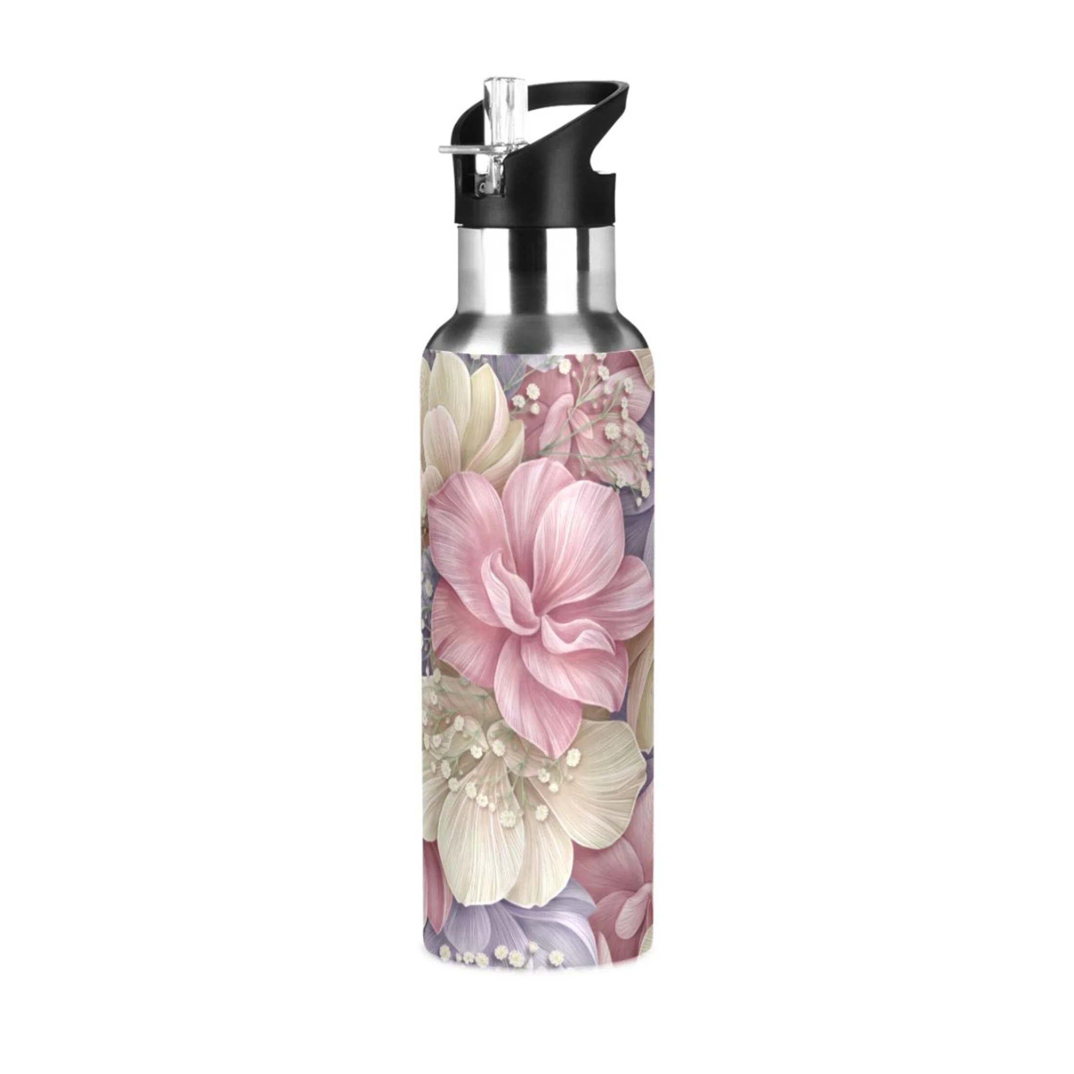 Water Bottle with Straw Lid Leak Flowers Pink and Beige Hydrangea Stainless Steel Insulated Thermos Vacuum Flask for Cold Hot Drinking for Sports Camping Gym Yoga