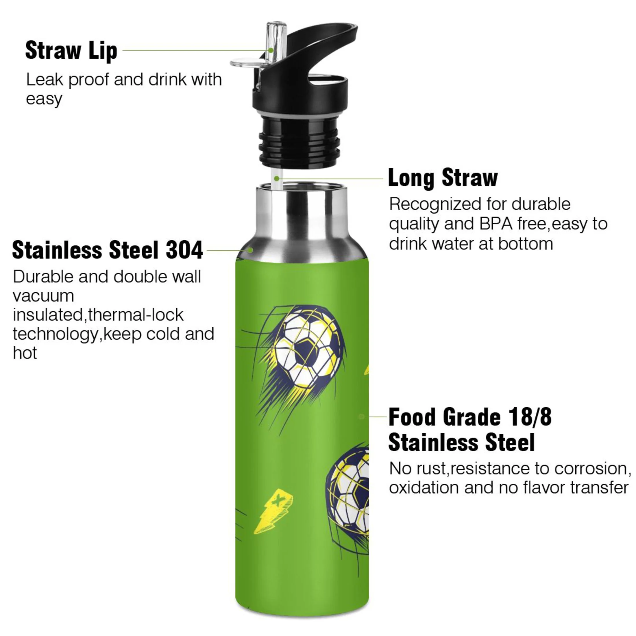 Water Bottle with Straw Lid Leak Football Arrows Stainless Steel Insulated Thermos Vacuum Flask for Cold Hot Drinking for Sports Camping Gym Yoga