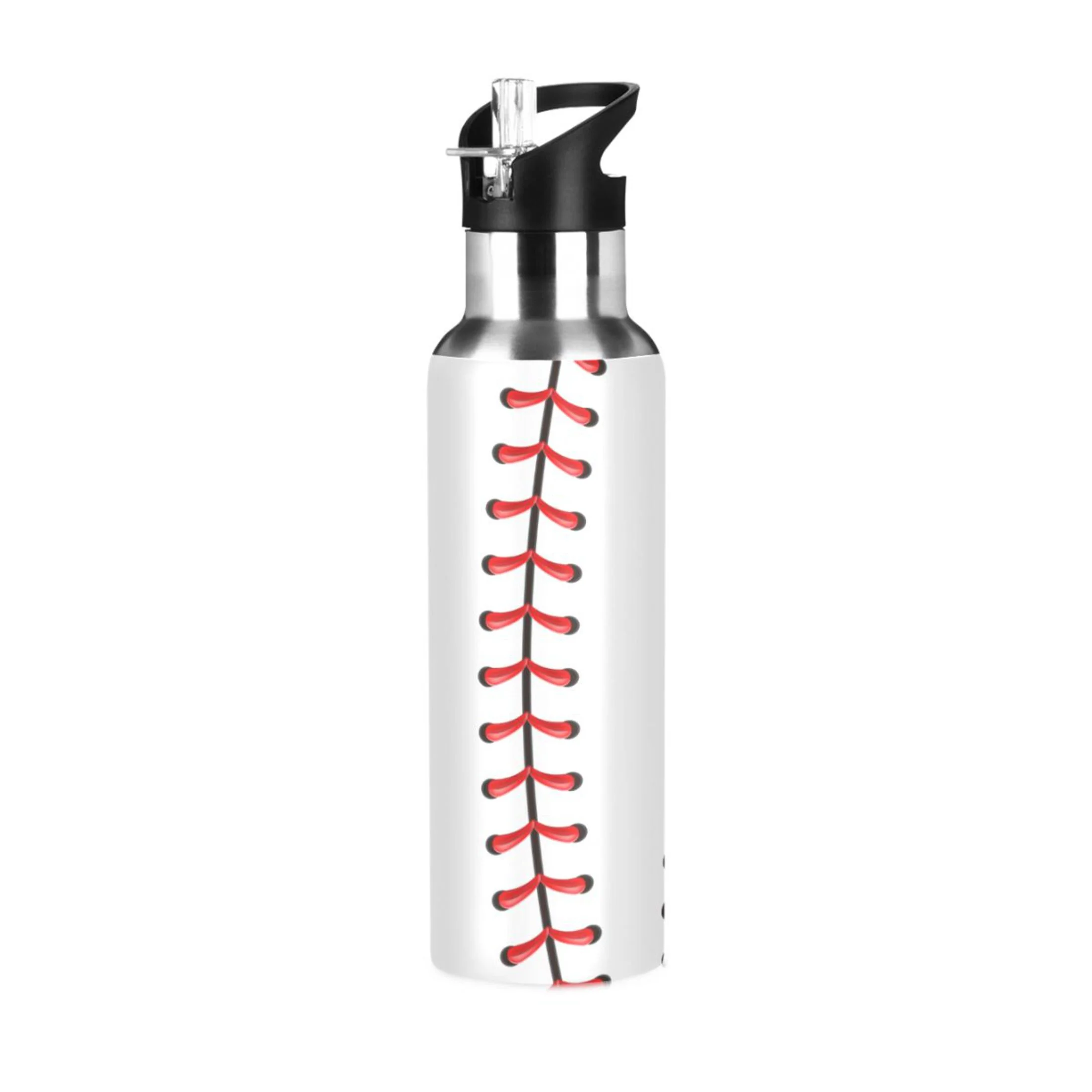 Stainless Steel Water Bottle Baseball Stripes with Straw Lid Vacuum Insulated Leak Proof Flask Jug for Gym Travel Sports Cycling Outdoor 20 OZ